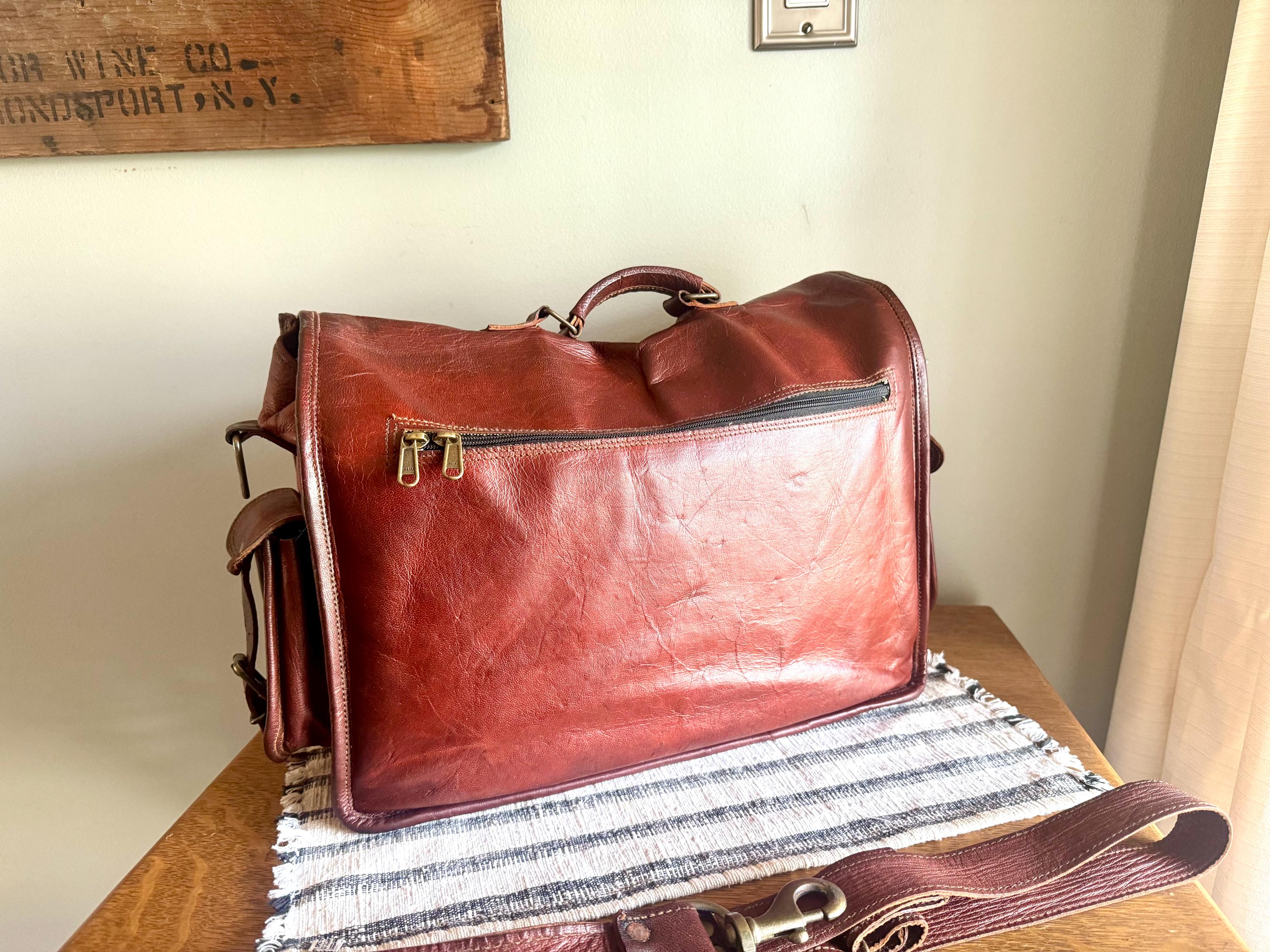 Vtg Genuine Leather Briefcase | Burgundy Colored Leather Messenger Bag | Unisex Shoulder Bag | Cross Body Travel Bag| Rustic Leather Bag