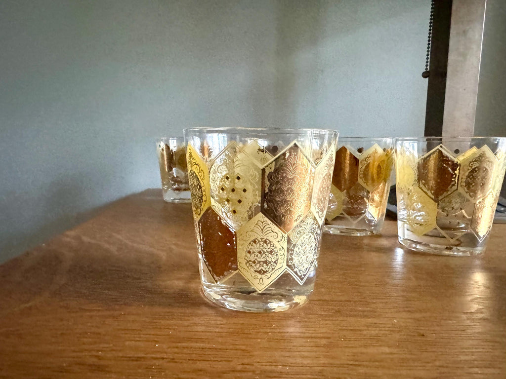 Vtg Set of 8 Cera Ned Harris Pineapple Low Ball Glasses | Cera Glass 22k Gold Pineapple Glasses | Double Old Fashion Pineapple Glasses