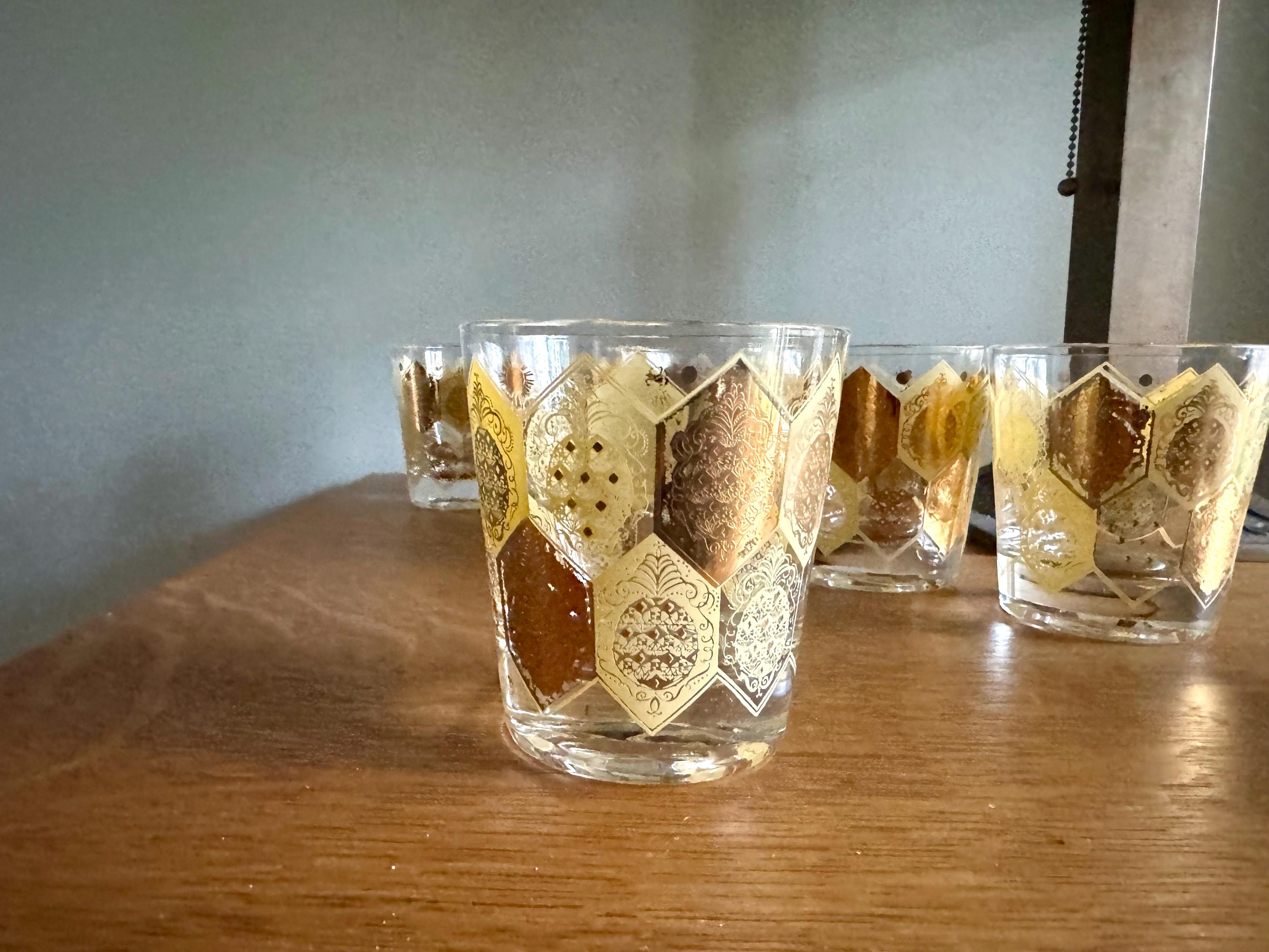 Vtg Set of 8 Cera Ned Harris Pineapple Low Ball Glasses | Cera Glass 22k Gold Pineapple Glasses | Double Old Fashion Pineapple Glasses