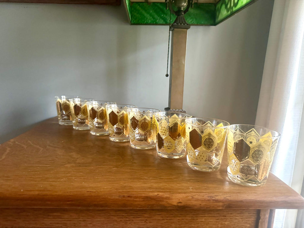 Vtg Set of 8 Cera Ned Harris Pineapple Low Ball Glasses | Cera Glass 22k Gold Pineapple Glasses | Double Old Fashion Pineapple Glasses