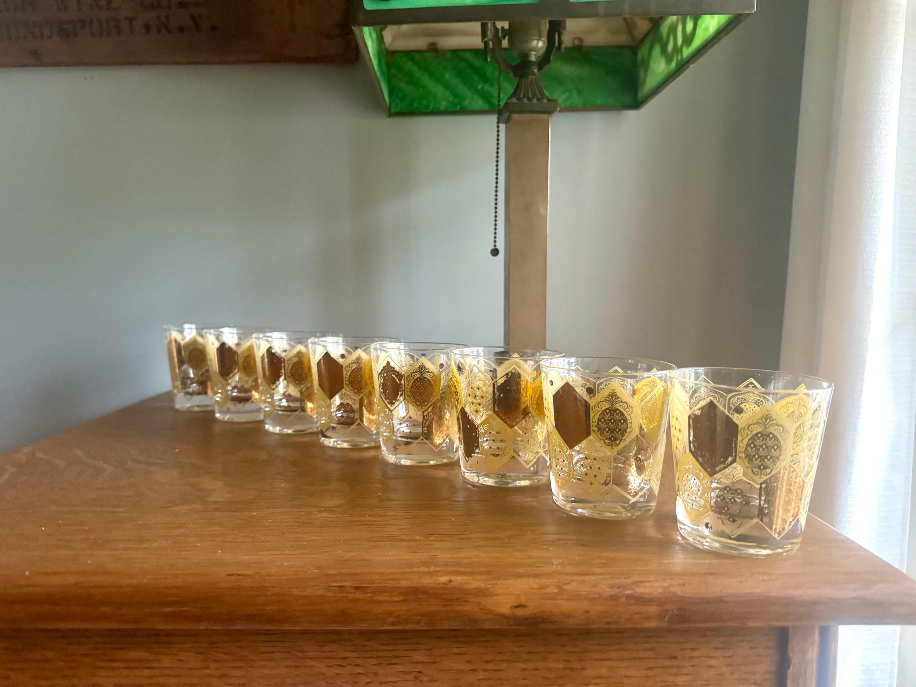 Vtg Set of 8 Cera Ned Harris Pineapple Low Ball Glasses | Cera Glass 22k Gold Pineapple Glasses | Double Old Fashion Pineapple Glasses