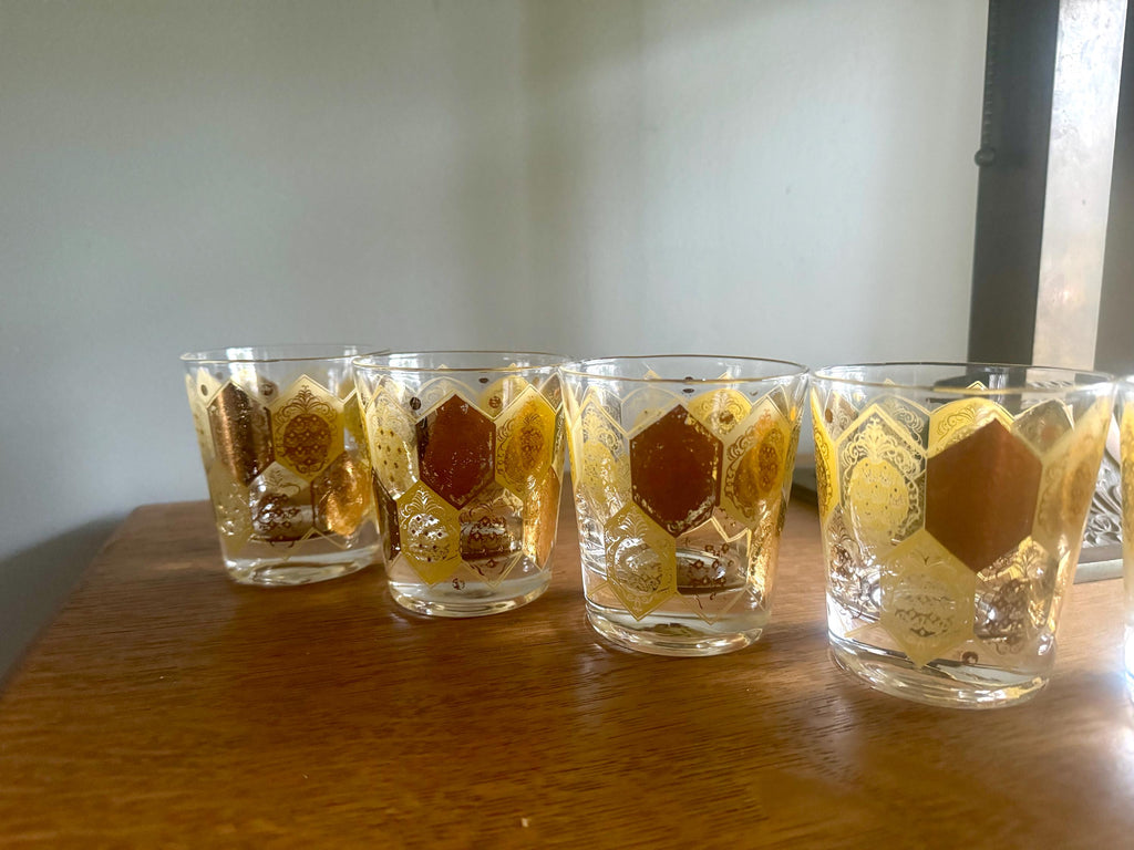 Vtg Set of 8 Cera Ned Harris Pineapple Low Ball Glasses | Cera Glass 22k Gold Pineapple Glasses | Double Old Fashion Pineapple Glasses