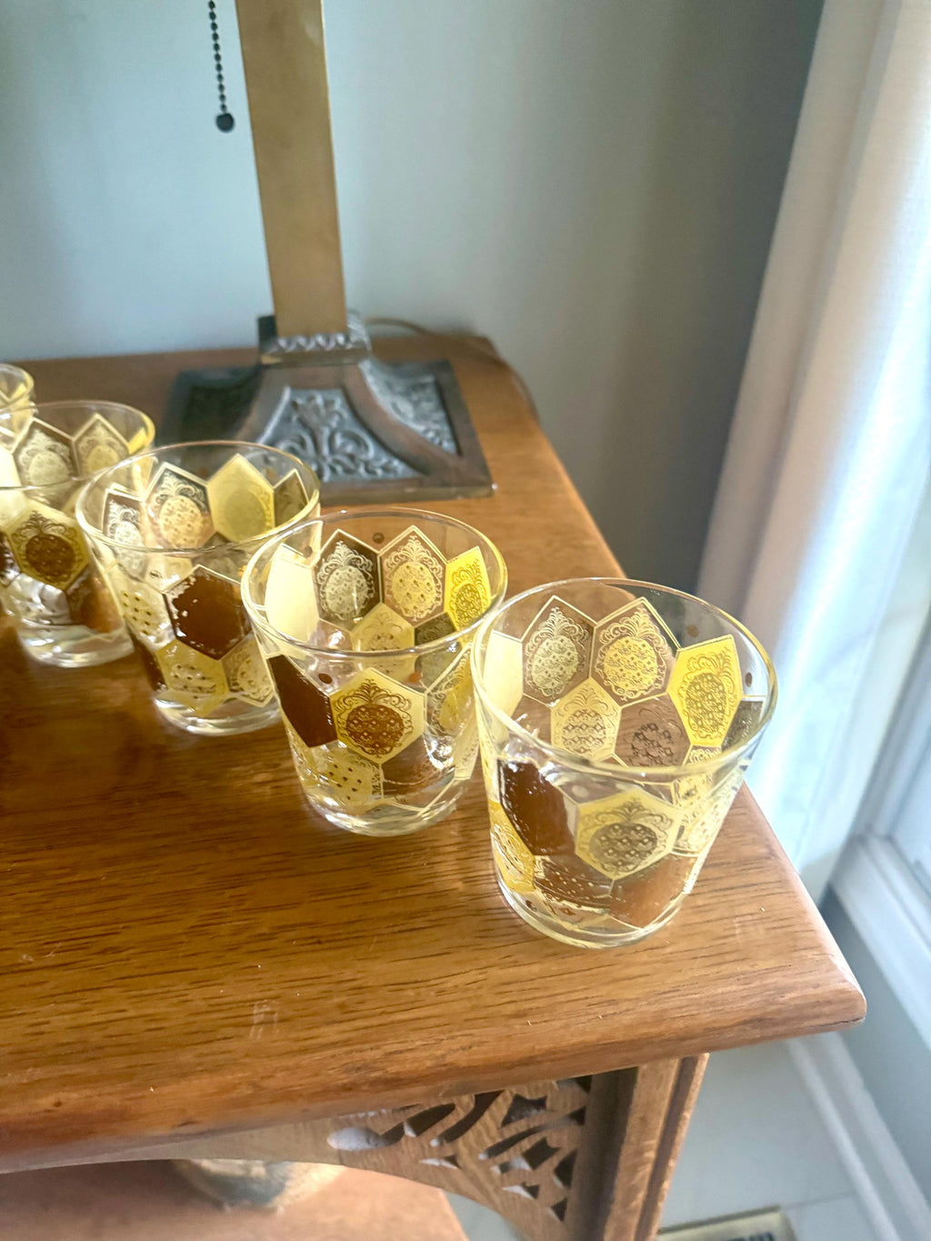 Vtg Set of 8 Cera Ned Harris Pineapple Low Ball Glasses | Cera Glass 22k Gold Pineapple Glasses | Double Old Fashion Pineapple Glasses