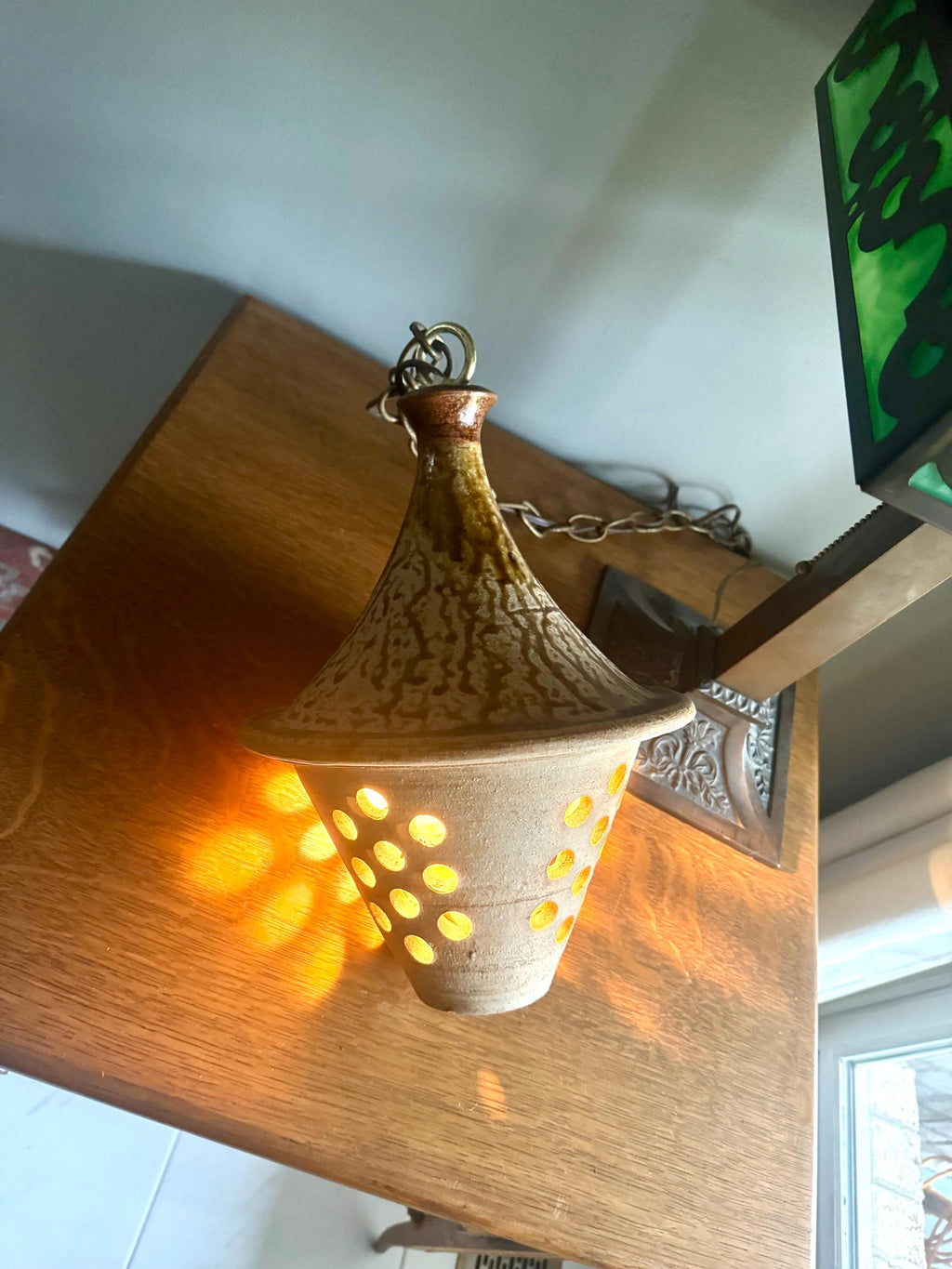 Vtg Ceramic Pendant Lamp | 1960's Terra Ceramic Pendant Lamp | Hanging Pottery Glazed Lamp | Pottery Light Shade