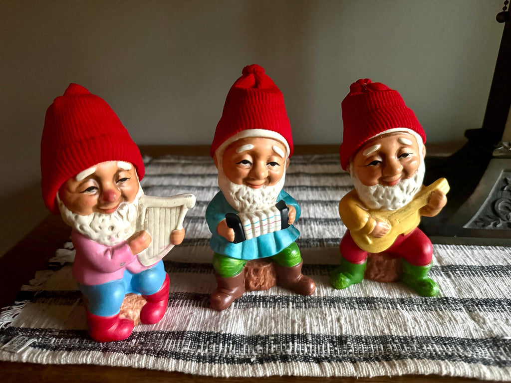 Vtg Set of 3 Korean Ceramic Musical Gnomes | Bearded Musical Gnomes With Knit Hats | Musician Gnomes Figurines | Made in Korea
