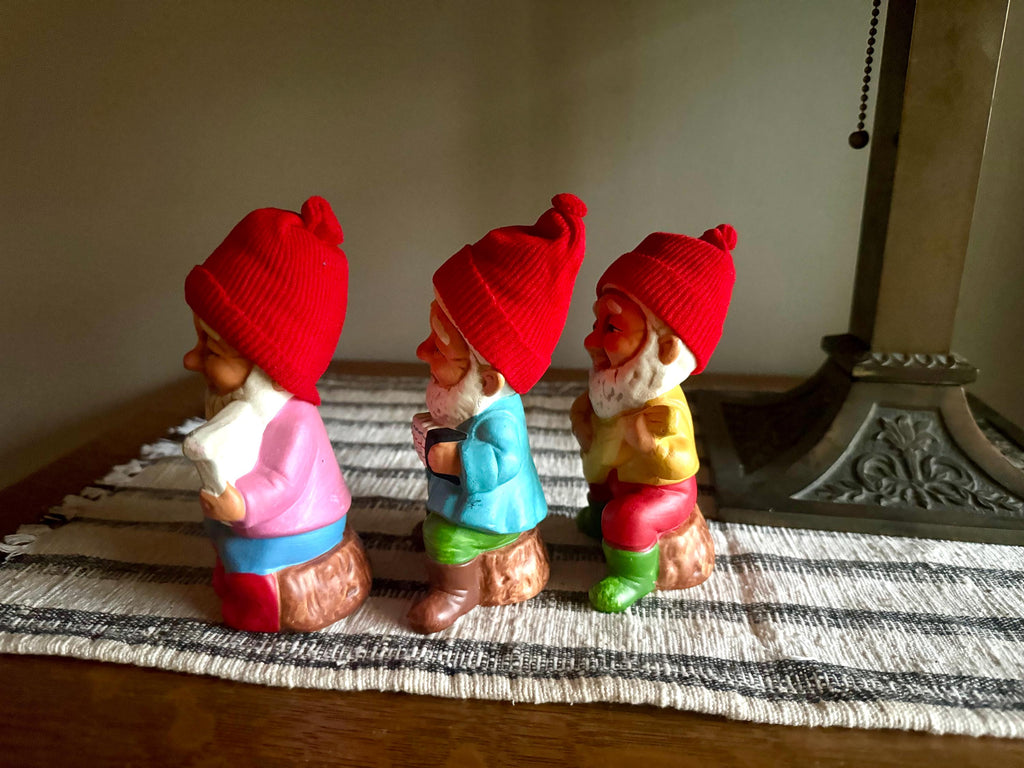 Vtg Set of 3 Korean Ceramic Musical Gnomes | Bearded Musical Gnomes With Knit Hats | Musician Gnomes Figurines | Made in Korea