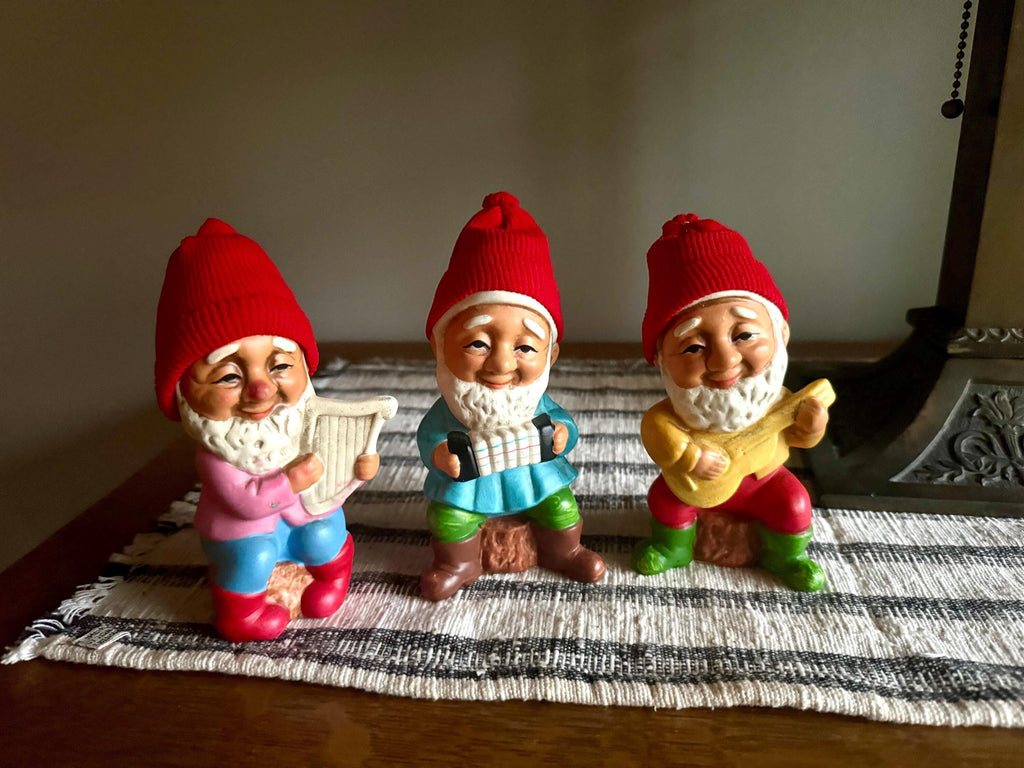 Vtg Set of 3 Korean Ceramic Musical Gnomes | Bearded Musical Gnomes With Knit Hats | Musician Gnomes Figurines | Made in Korea