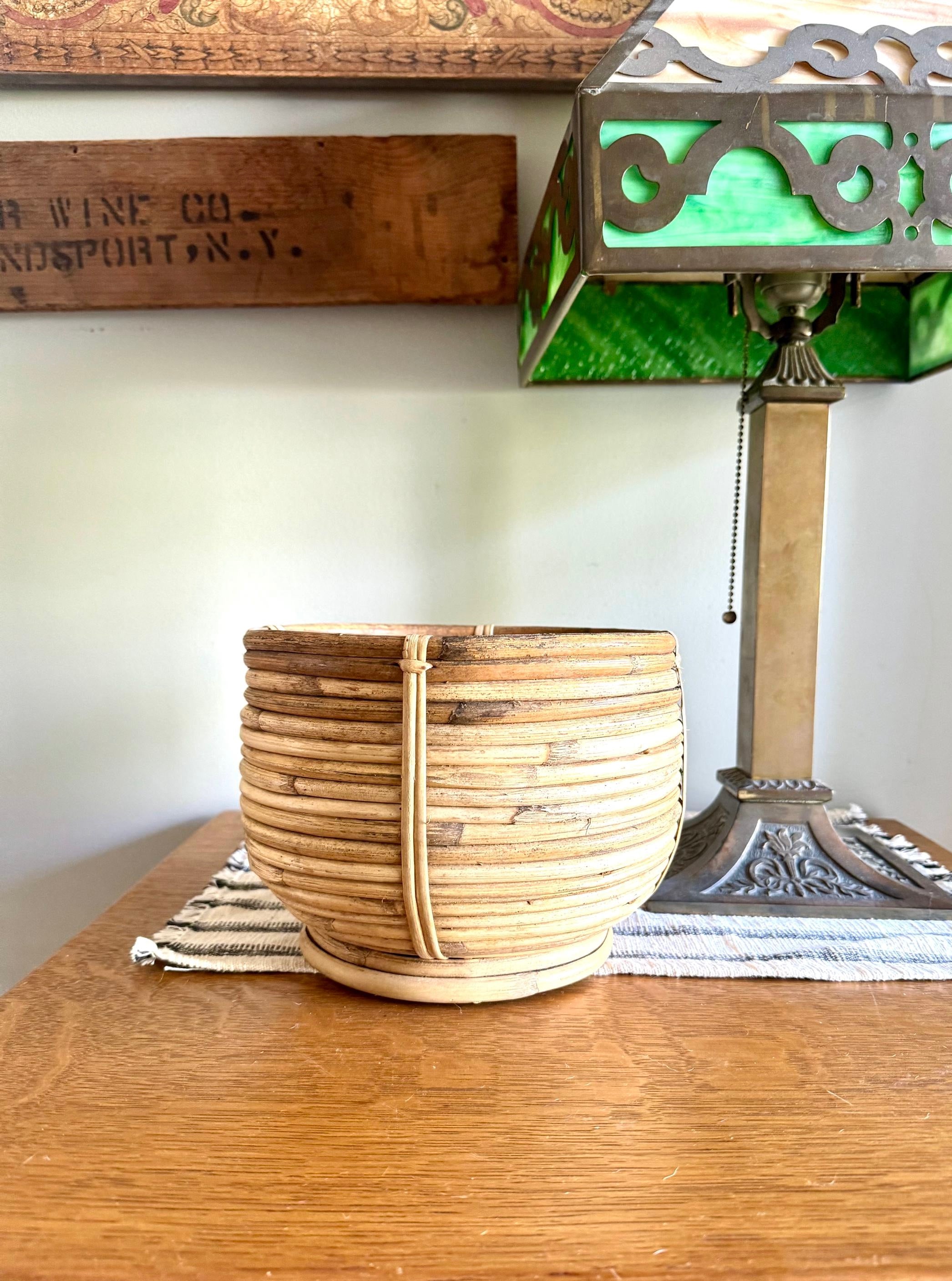 Vtg Coiled Pencil Reed Bowl | Pencil Reed Bamboo Bowl | Gabriella Crespi Style Rattan Basket | Center Piece Basket