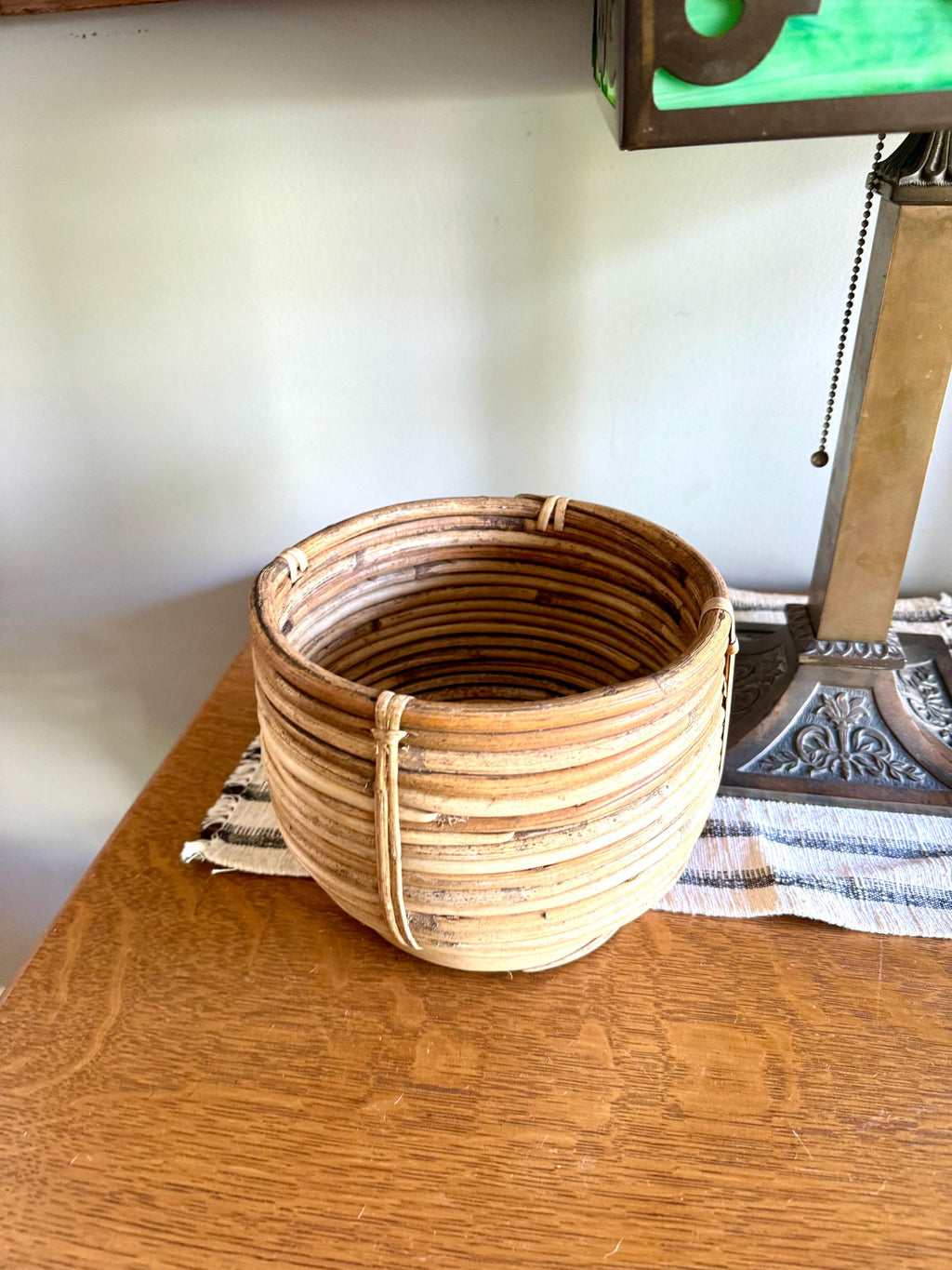 Vtg Coiled Pencil Reed Bowl | Pencil Reed Bamboo Bowl | Gabriella Crespi Style Rattan Basket | Center Piece Basket