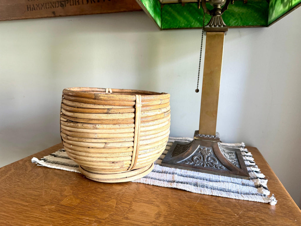 Vtg Coiled Pencil Reed Bowl | Pencil Reed Bamboo Bowl | Gabriella Crespi Style Rattan Basket | Center Piece Basket