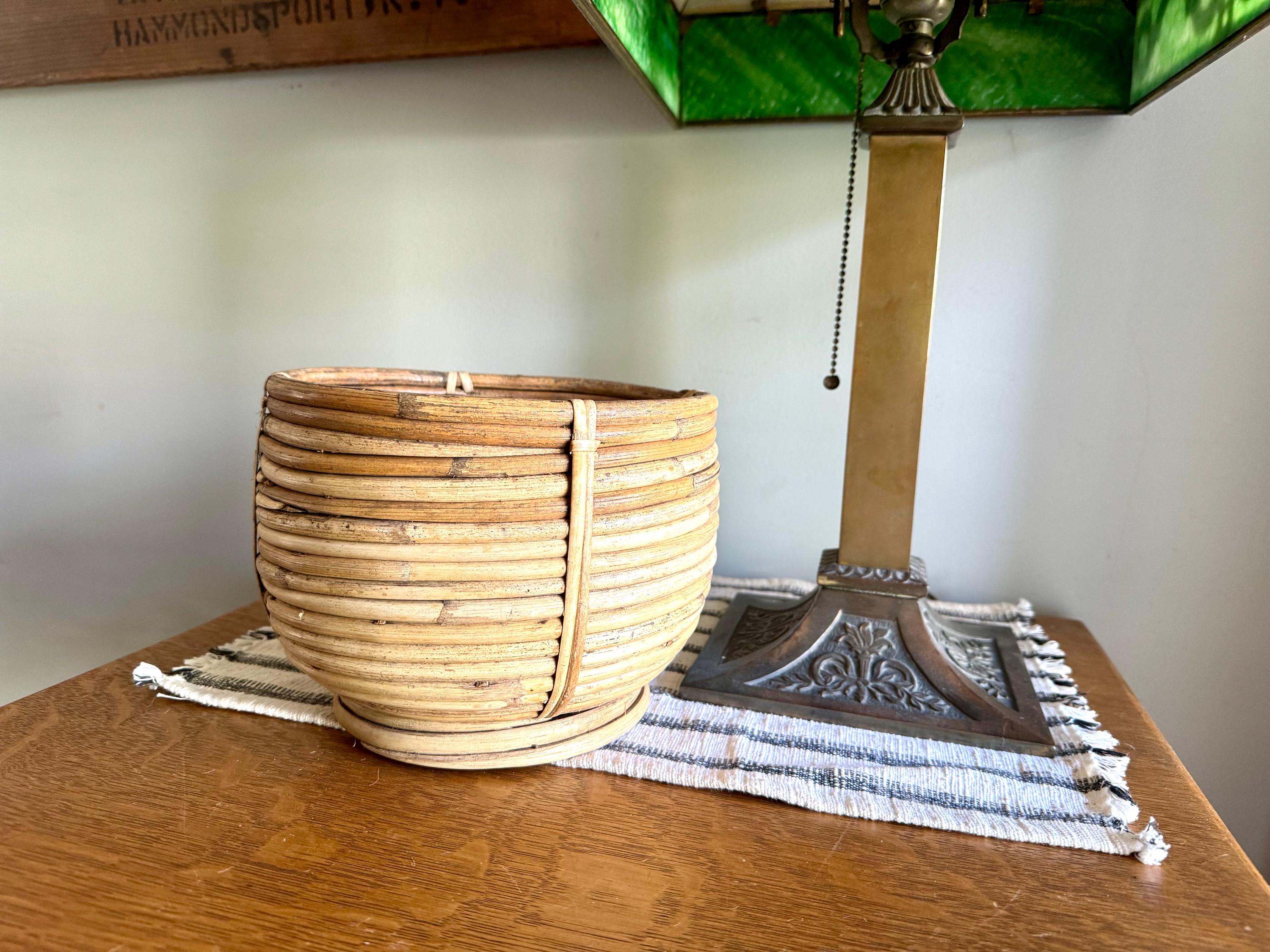 Vtg Coiled Pencil Reed Bowl | Pencil Reed Bamboo Bowl | Gabriella Crespi Style Rattan Basket | Center Piece Basket