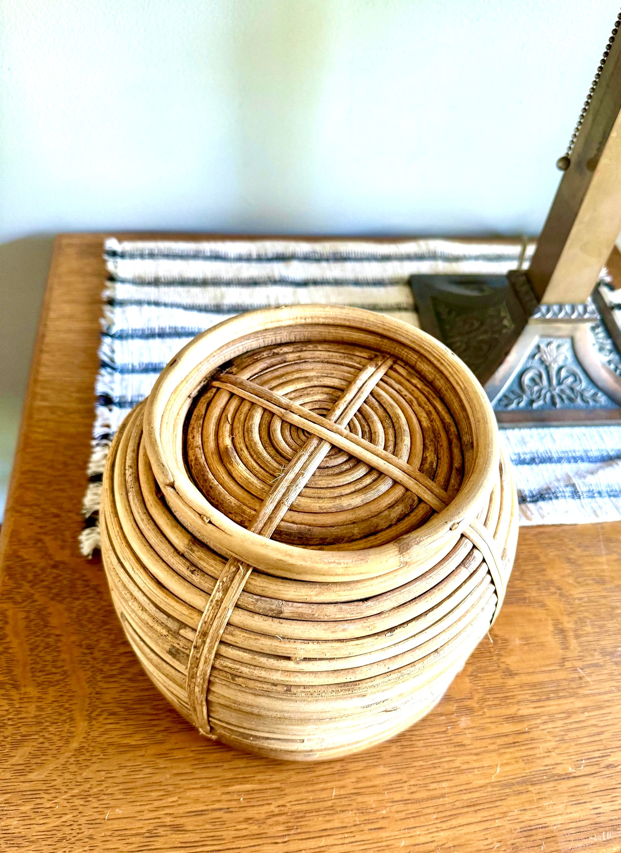 Vtg Coiled Pencil Reed Bowl | Pencil Reed Bamboo Bowl | Gabriella Crespi Style Rattan Basket | Center Piece Basket