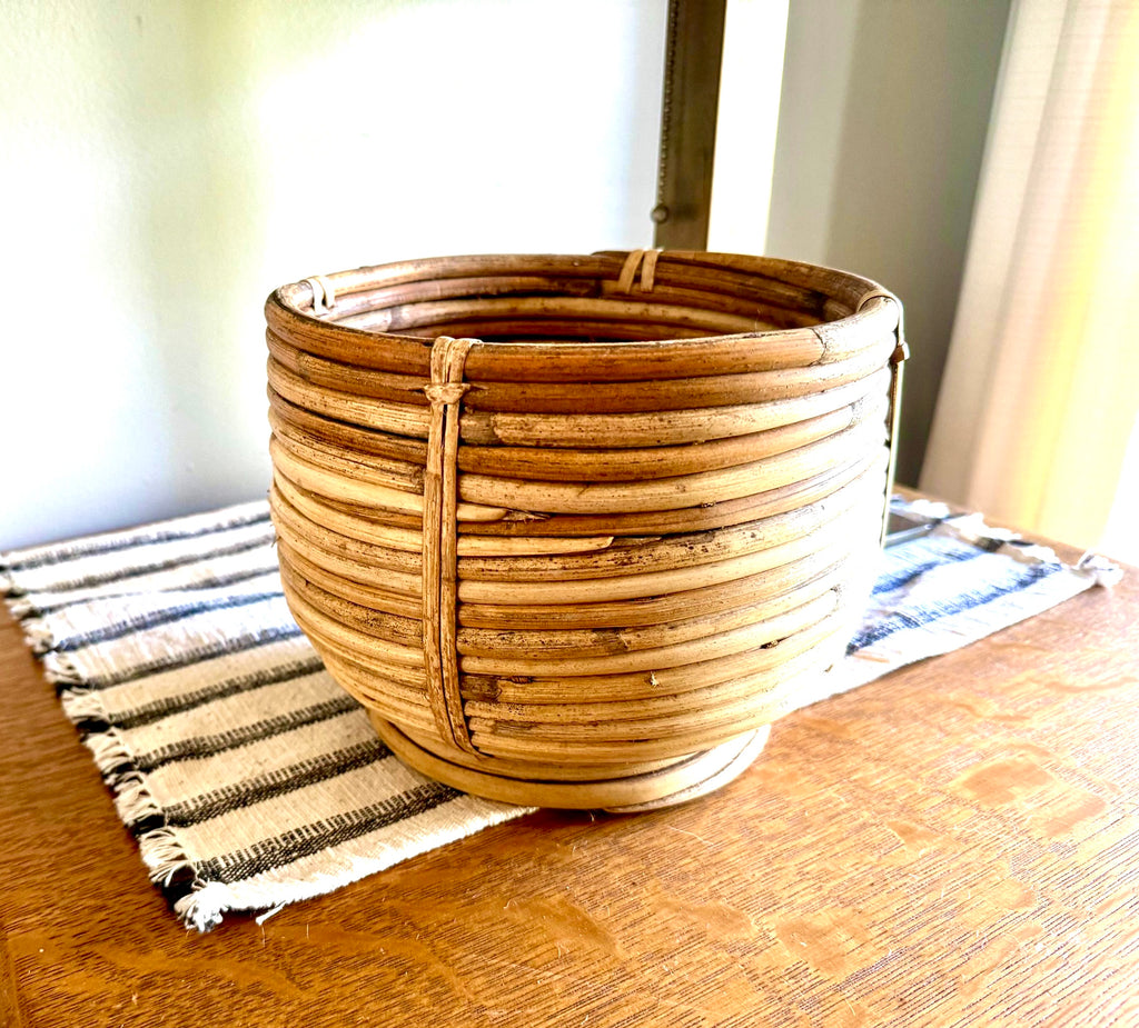Vtg Coiled Pencil Reed Bowl | Pencil Reed Bamboo Bowl | Gabriella Crespi Style Rattan Basket | Center Piece Basket