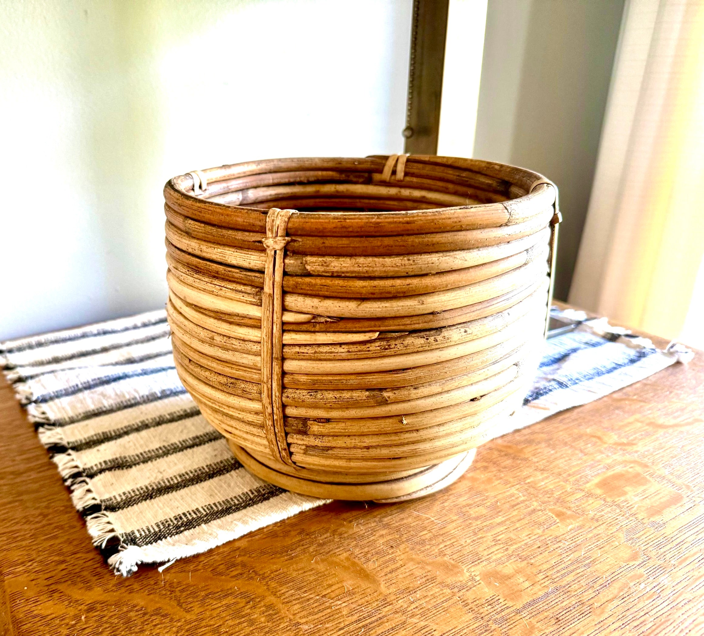 Vtg Coiled Pencil Reed Bowl | Pencil Reed Bamboo Bowl | Gabriella Crespi Style Rattan Basket | Center Piece Basket