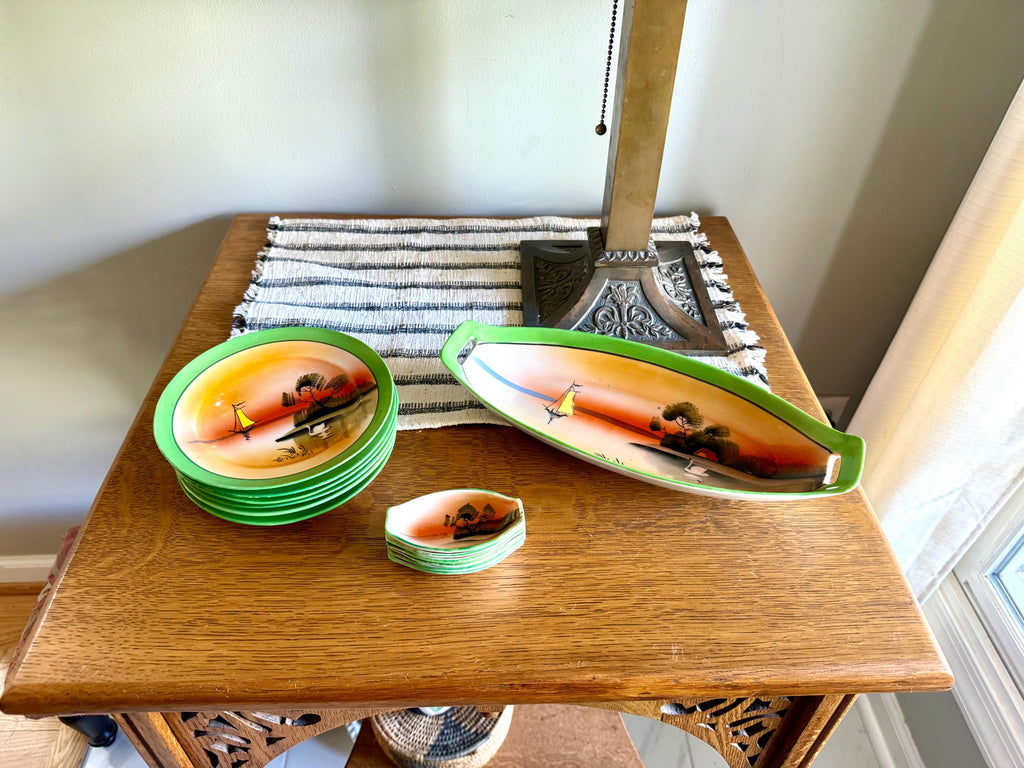 Vtg Japan Sushi Serving Set | Japan Lusterware Celery Dish With Salt Cellars | TT Takito Sushi Serving Dishes | 13 Pc. Japan Serving Set