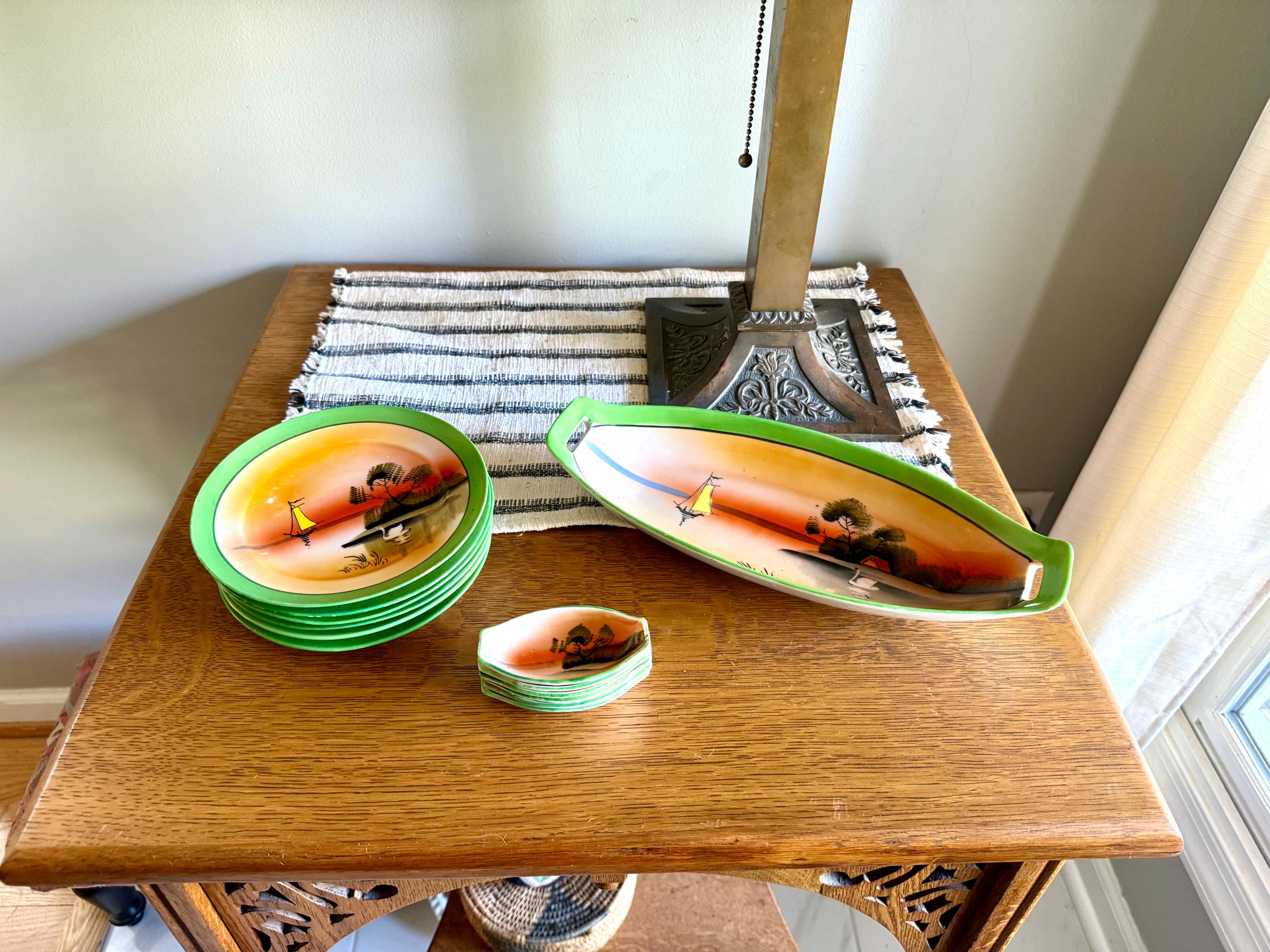Vtg Japan Sushi Serving Set | Japan Lusterware Celery Dish With Salt Cellars | TT Takito Sushi Serving Dishes | 13 Pc. Japan Serving Set