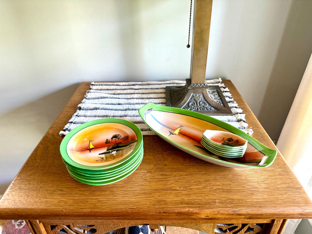 Vtg Japan Sushi Serving Set | Japan Lusterware Celery Dish With Salt Cellars | TT Takito Sushi Serving Dishes | 13 Pc. Japan Serving Set