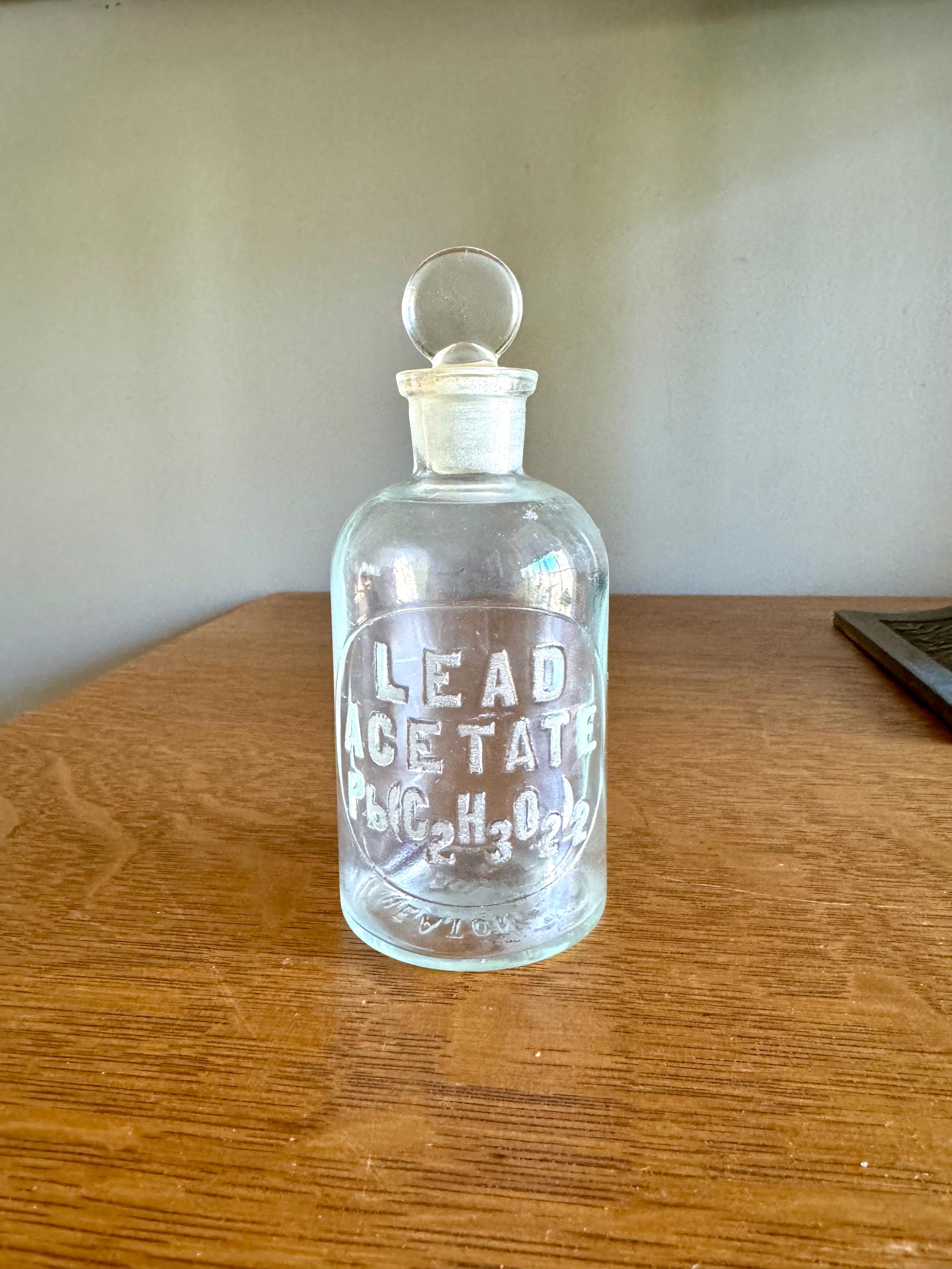 Vtg TCW Wheaton Glass 125ml LEAD ACETATE Chemical Reagent Bottle with Stopper | Apothecary Bottle | 5.25" Lab Bottle | Chemistry Bottle