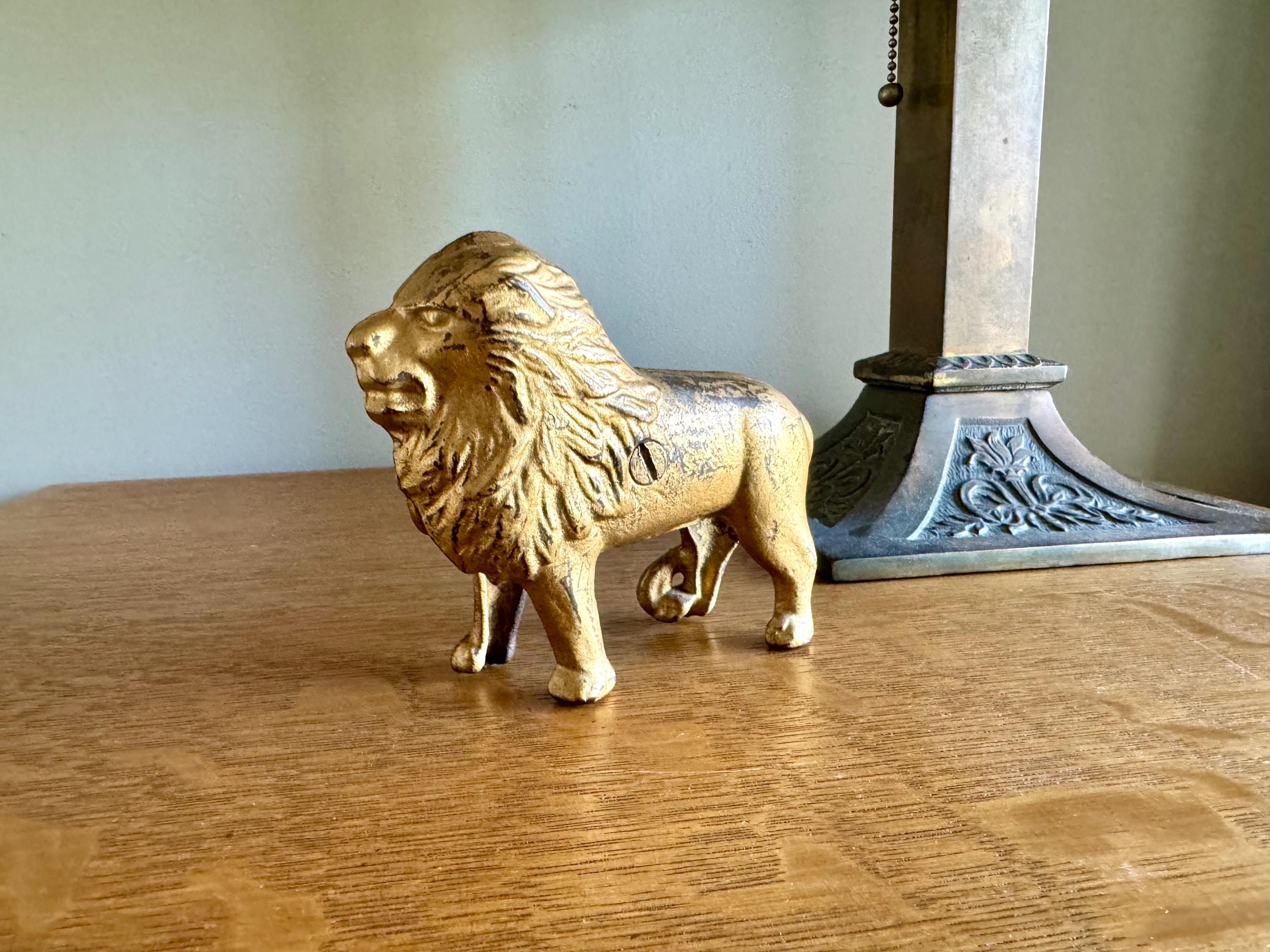 Vtg Cast Iron Lion Coin Bank | A.C. Williams Gold Toned Figural Lion Penny Coin Still Bank| Original Paint Cast Iron Lion Figurine Bank