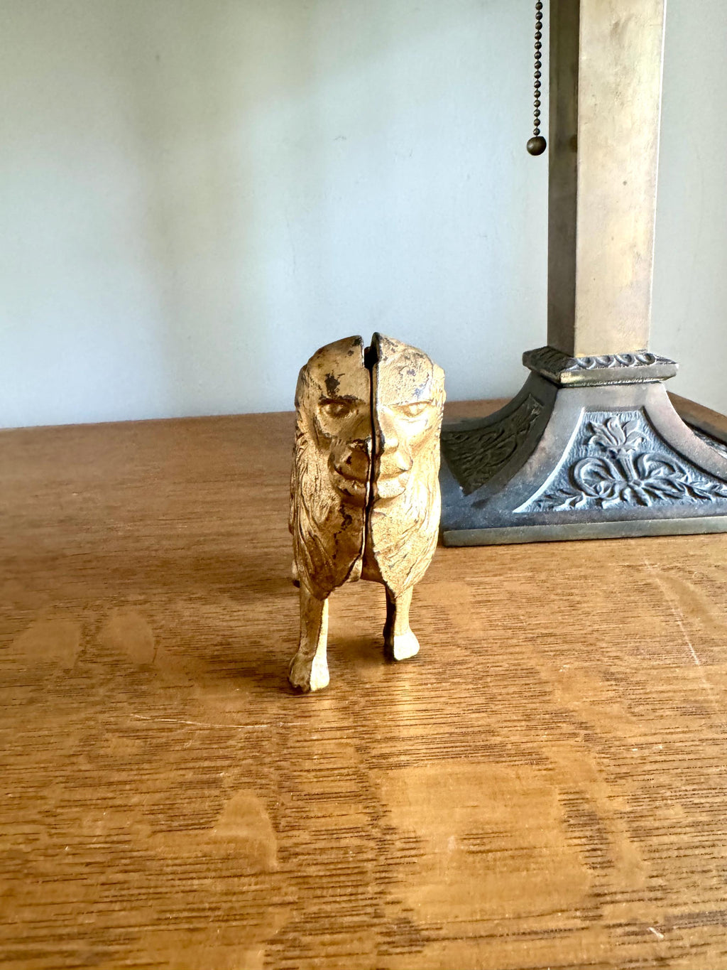 Vtg Cast Iron Lion Coin Bank | A.C. Williams Gold Toned Figural Lion Penny Coin Still Bank| Original Paint Cast Iron Lion Figurine Bank
