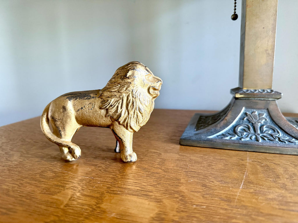 Vtg Cast Iron Lion Coin Bank | A.C. Williams Gold Toned Figural Lion Penny Coin Still Bank| Original Paint Cast Iron Lion Figurine Bank