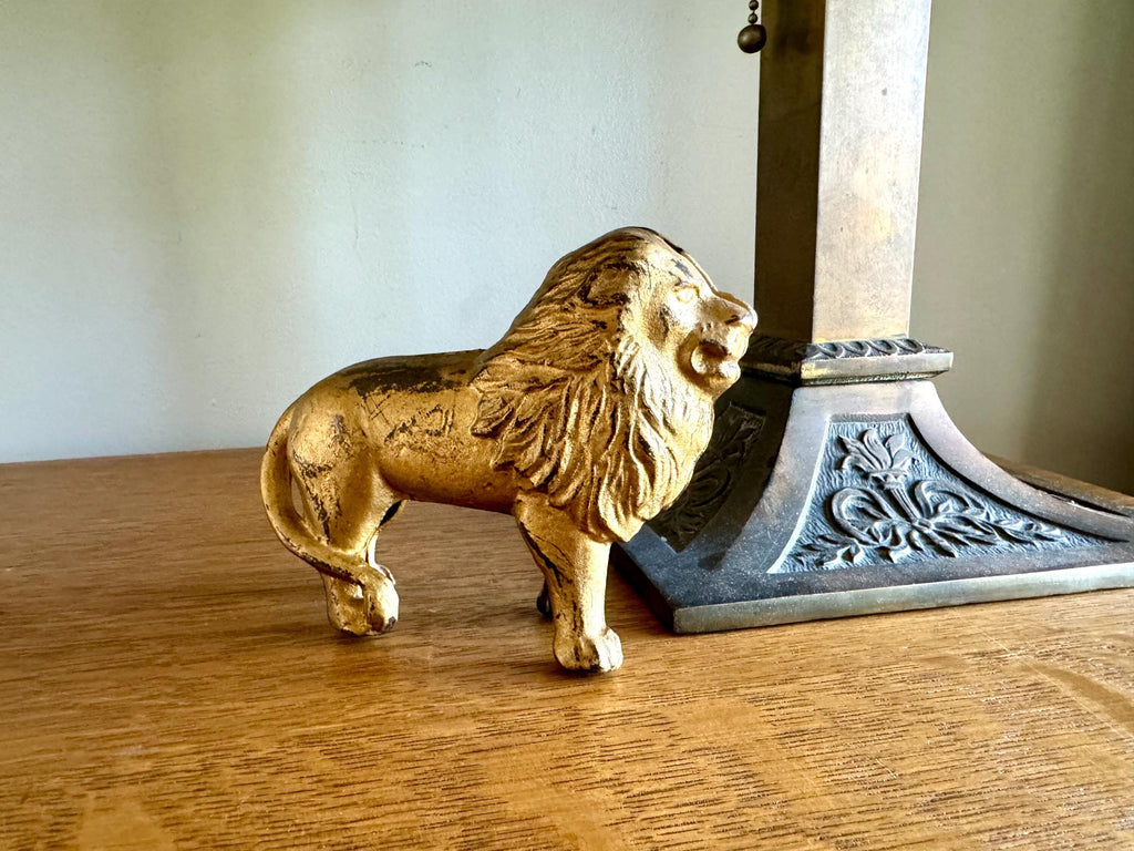Vtg Cast Iron Lion Coin Bank | A.C. Williams Gold Toned Figural Lion Penny Coin Still Bank| Original Paint Cast Iron Lion Figurine Bank