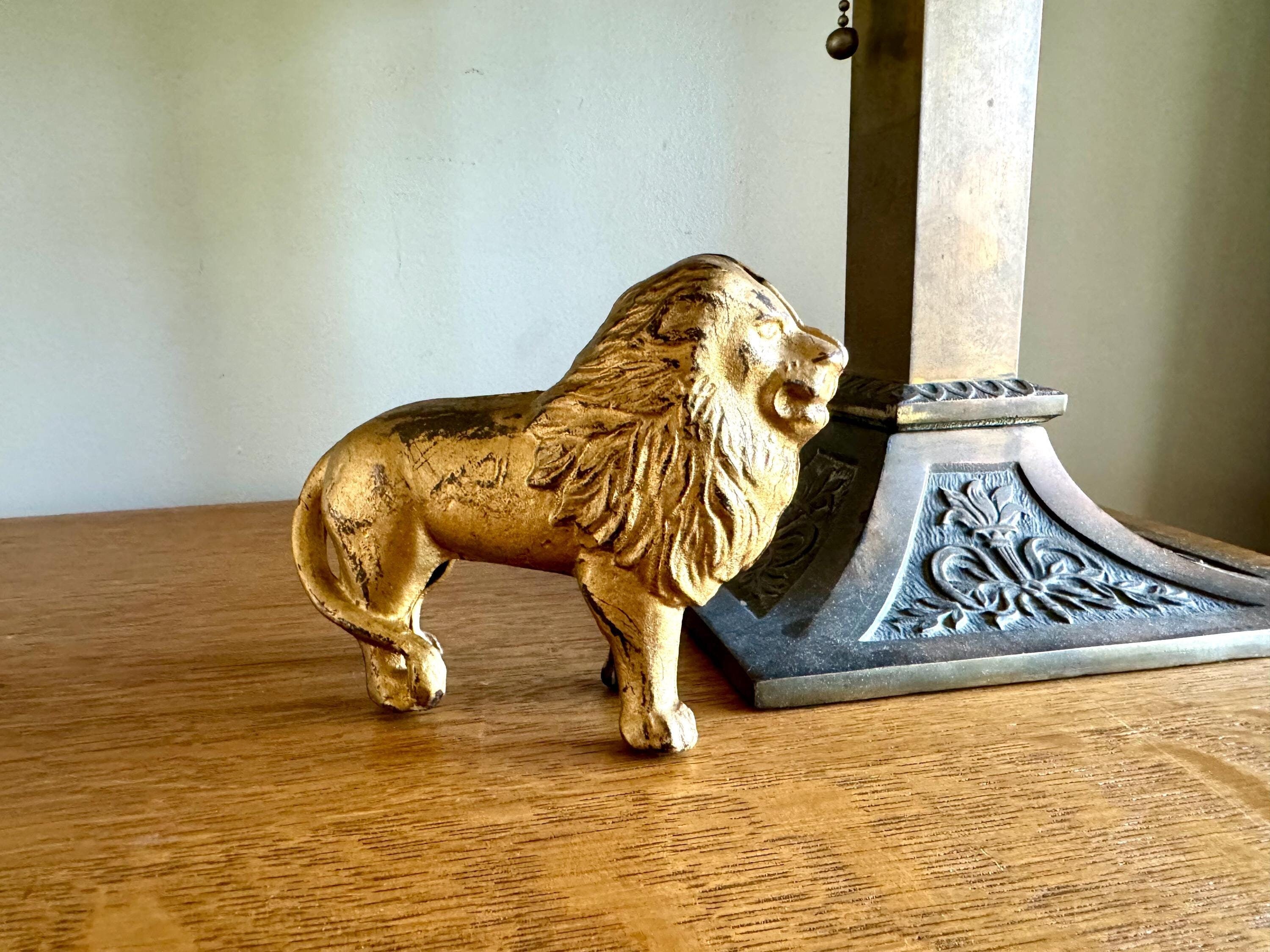 Vtg Cast Iron Lion Coin Bank | A.C. Williams Gold Toned Figural Lion Penny Coin Still Bank| Original Paint Cast Iron Lion Figurine Bank