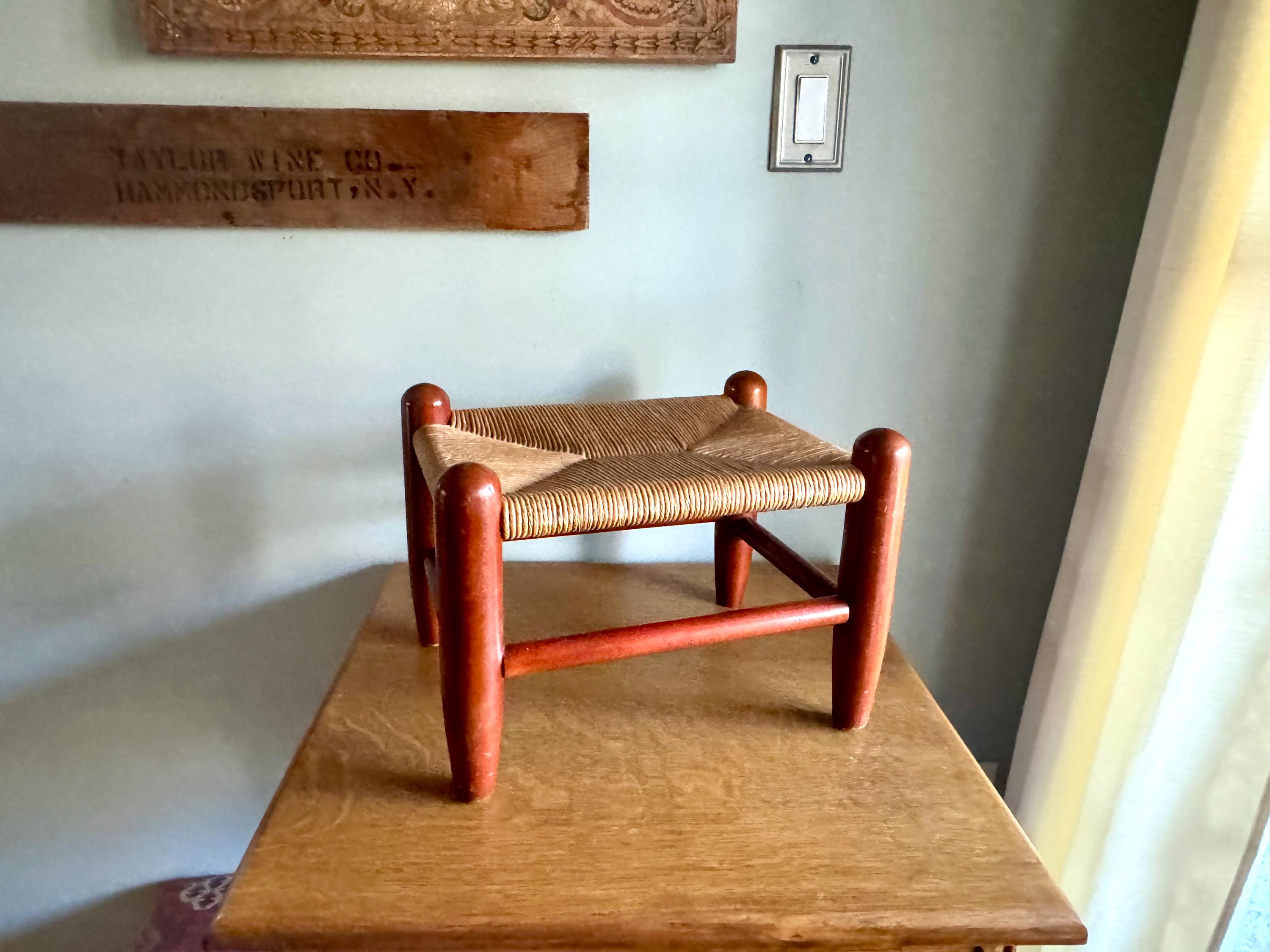 Vtg Wooden Foot Stool | Woven Rush Top Ottoman | Rush Seat Step Stool | Bohemian Style Foot Stool | Plant Stand | Rustic Stool