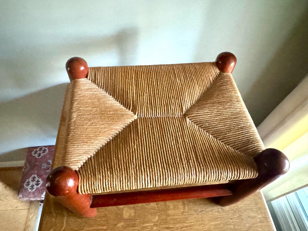 Vtg Wooden Foot Stool | Woven Rush Top Ottoman | Rush Seat Step Stool | Bohemian Style Foot Stool | Plant Stand | Rustic Stool