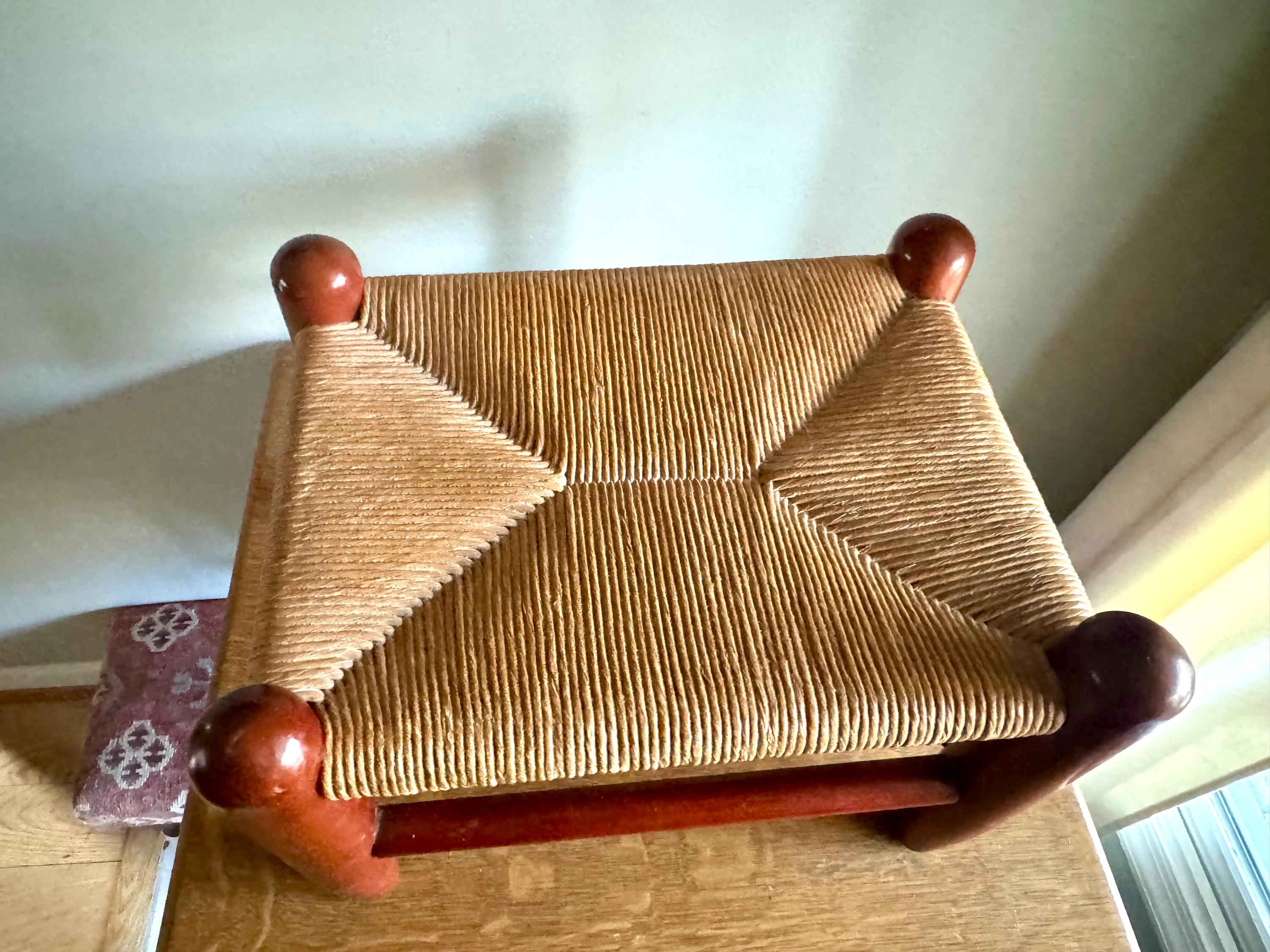 Vtg Wooden Foot Stool | Woven Rush Top Ottoman | Rush Seat Step Stool | Bohemian Style Foot Stool | Plant Stand | Rustic Stool