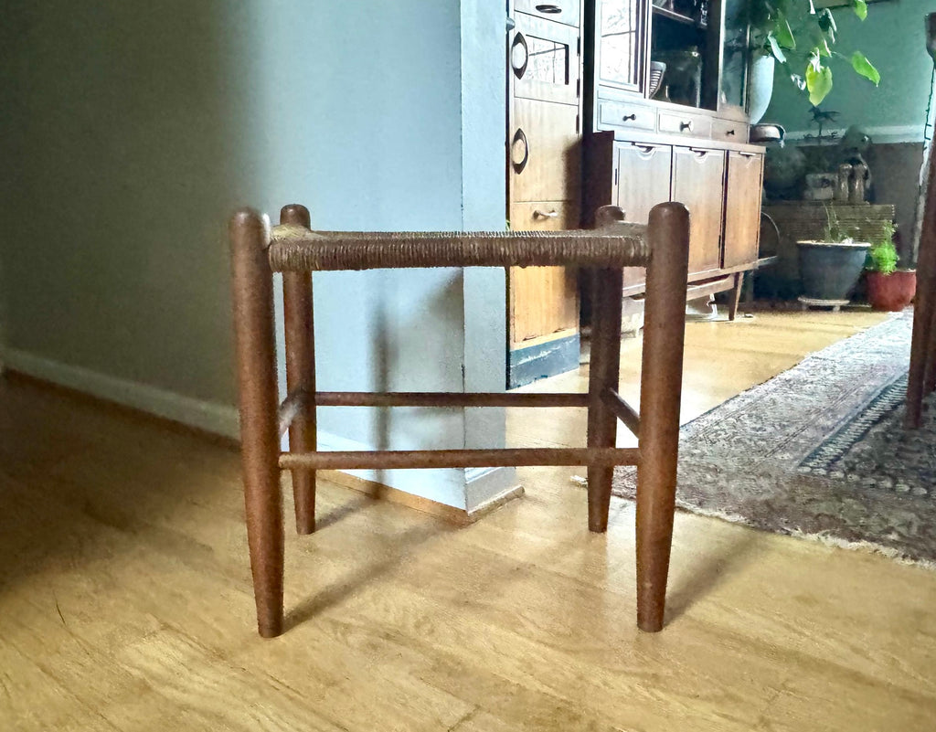 Vtg Wood Rush Bench | Rush Top Ottoman | Woven Sitting Stool | Long Wooden Stool | Borge Mogensen Style Bench | Rush Style Ottoman