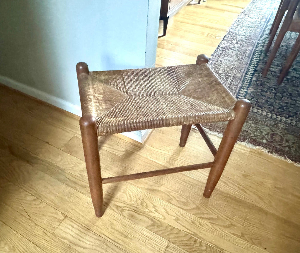 Vtg Wood Rush Bench | Rush Top Ottoman | Woven Sitting Stool | Long Wooden Stool | Borge Mogensen Style Bench | Rush Style Ottoman