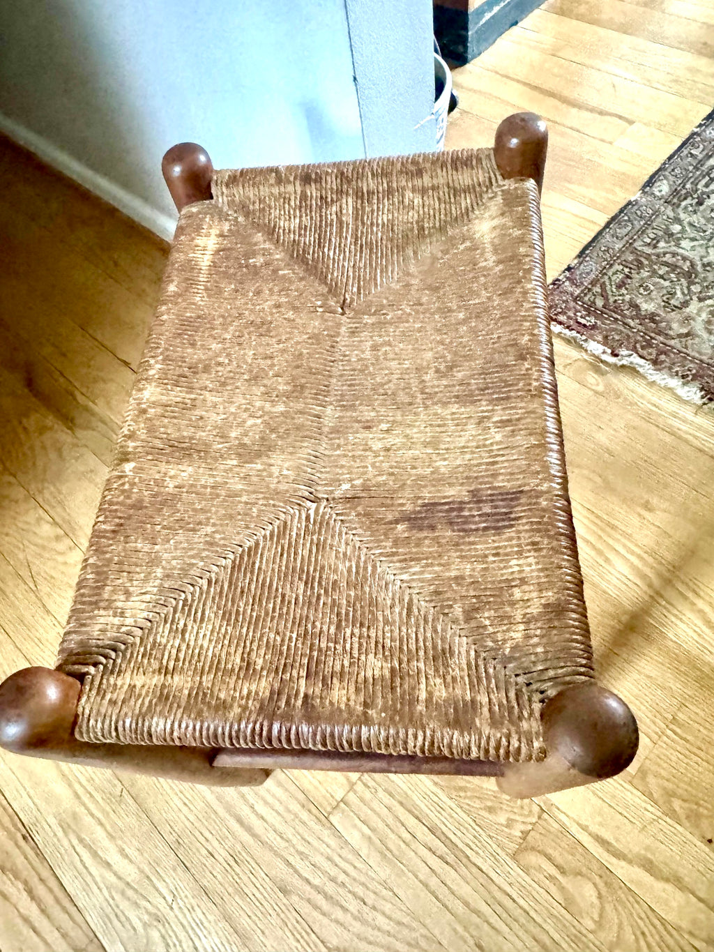 Vtg Wood Rush Bench | Rush Top Ottoman | Woven Sitting Stool | Long Wooden Stool | Borge Mogensen Style Bench | Rush Style Ottoman