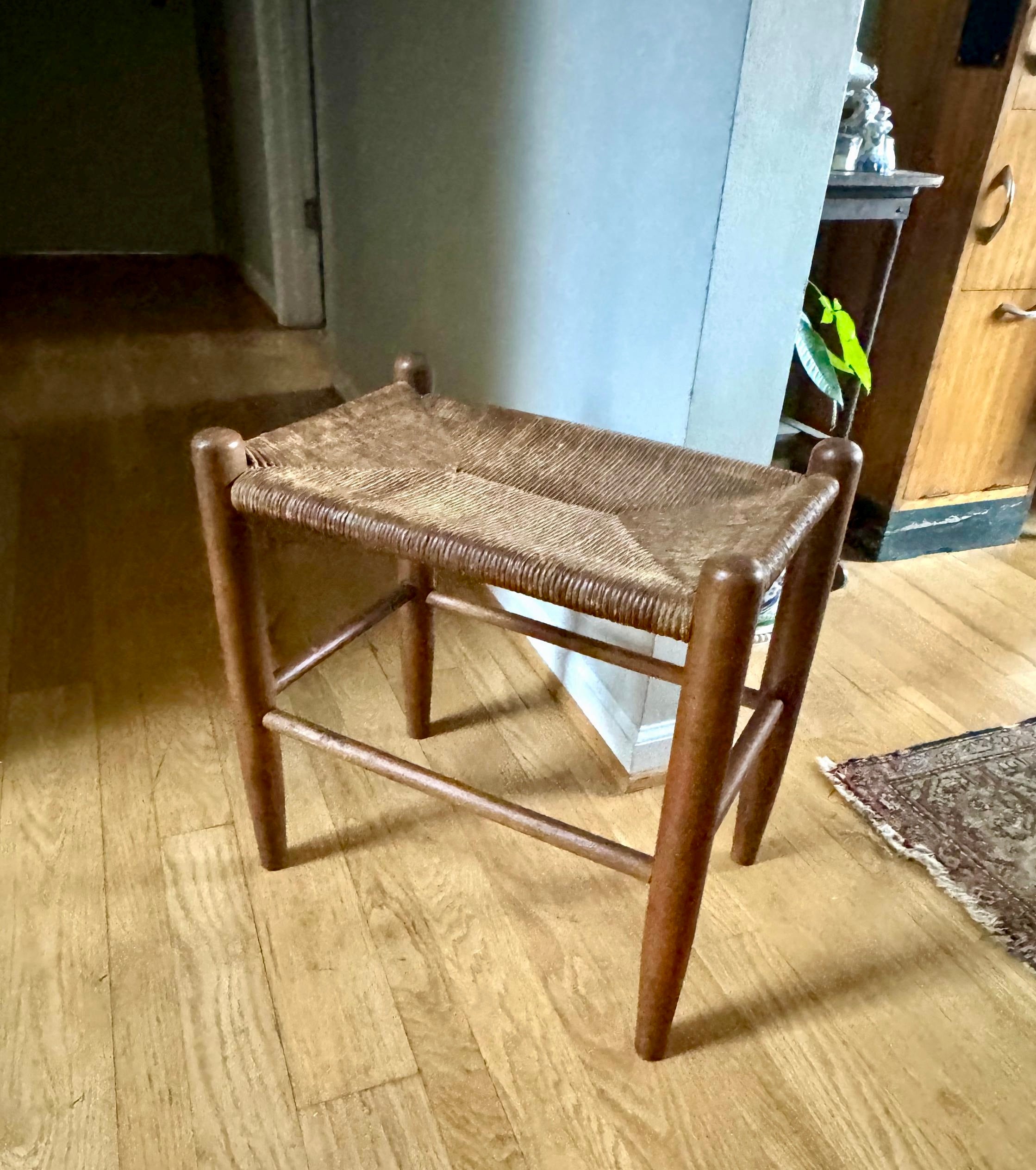 Vtg Wood Rush Bench | Rush Top Ottoman | Woven Sitting Stool | Long Wooden Stool | Borge Mogensen Style Bench | Rush Style Ottoman