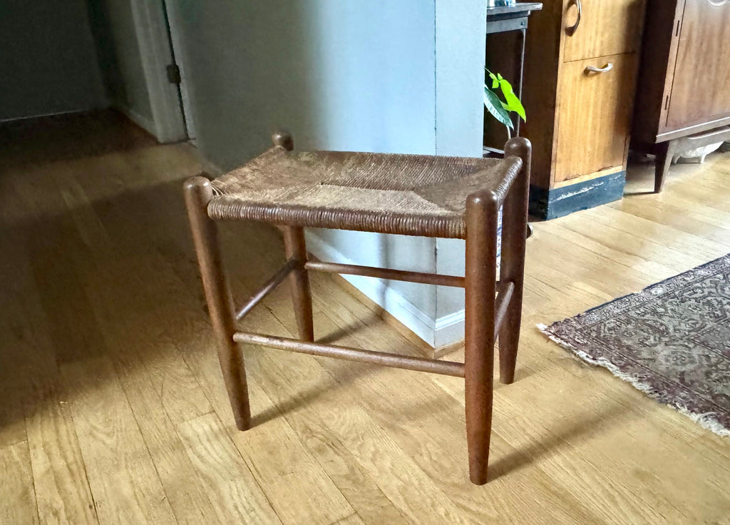 Vtg Wood Rush Bench | Rush Top Ottoman | Woven Sitting Stool | Long Wooden Stool | Borge Mogensen Style Bench | Rush Style Ottoman