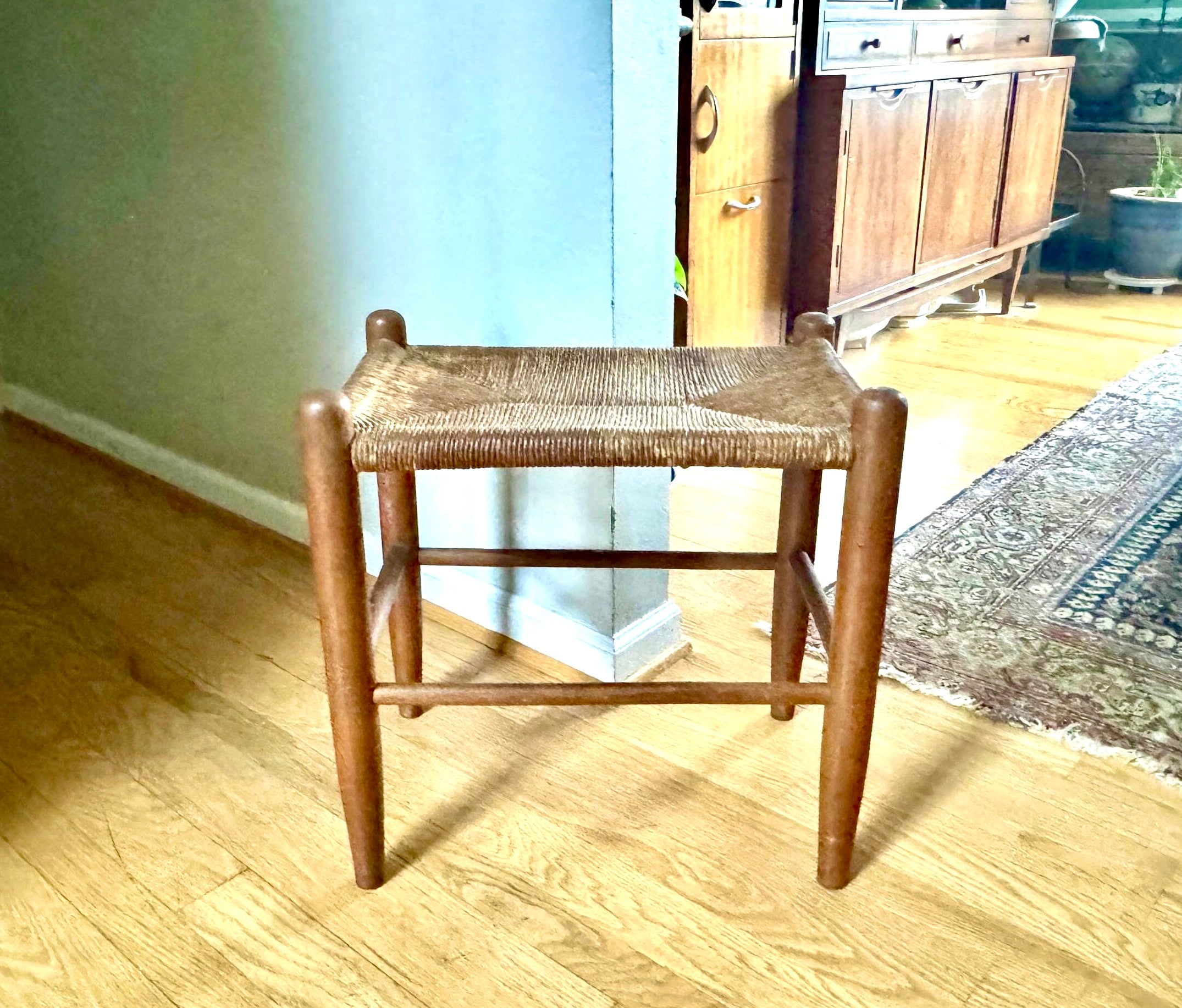 Vtg Wood Rush Bench | Rush Top Ottoman | Woven Sitting Stool | Long Wooden Stool | Borge Mogensen Style Bench | Rush Style Ottoman