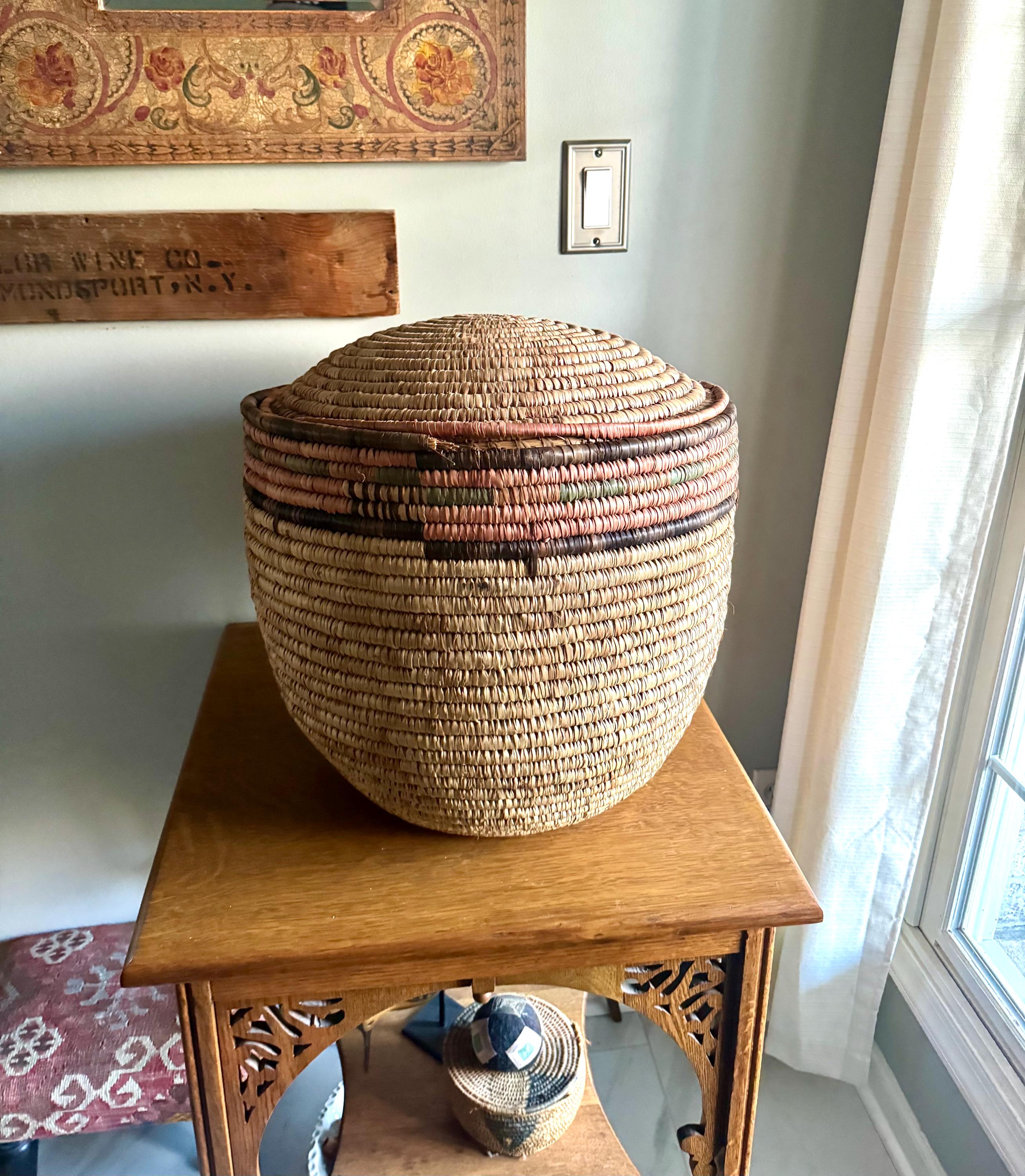 Large Round Coiled Amhara Basket with Lid | Large African Tribal Woven Basket | Boho Decor | Boho Storage | Coiled Basket| African Decor