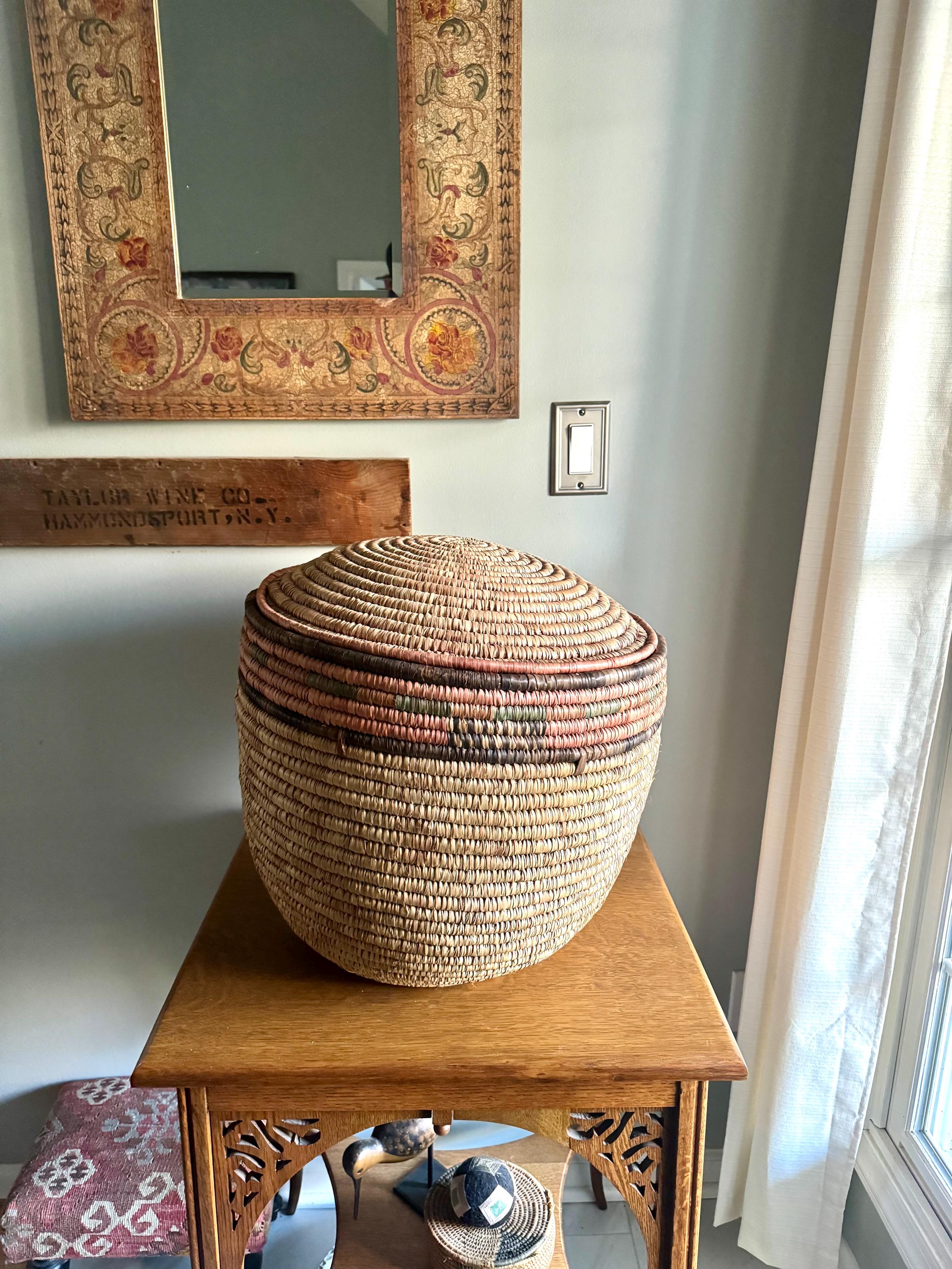 Large Round Coiled Amhara Basket with Lid | Large African Tribal Woven Basket | Boho Decor | Boho Storage | Coiled Basket| African Decor