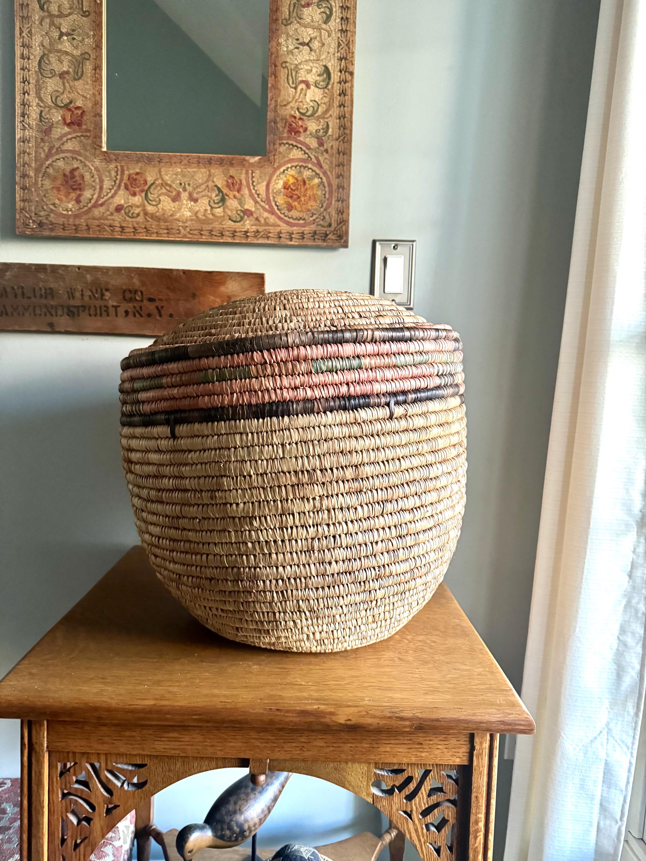 Large Round Coiled Amhara Basket with Lid | Large African Tribal Woven Basket | Boho Decor | Boho Storage | Coiled Basket| African Decor