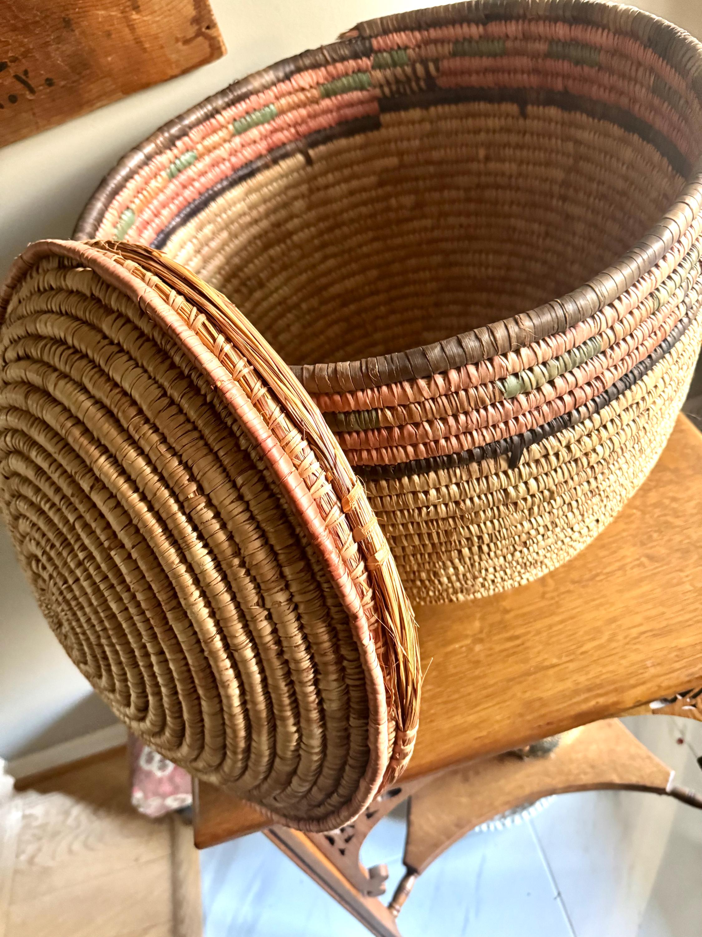 Large Round Coiled Amhara Basket with Lid | Large African Tribal Woven Basket | Boho Decor | Boho Storage | Coiled Basket| African Decor