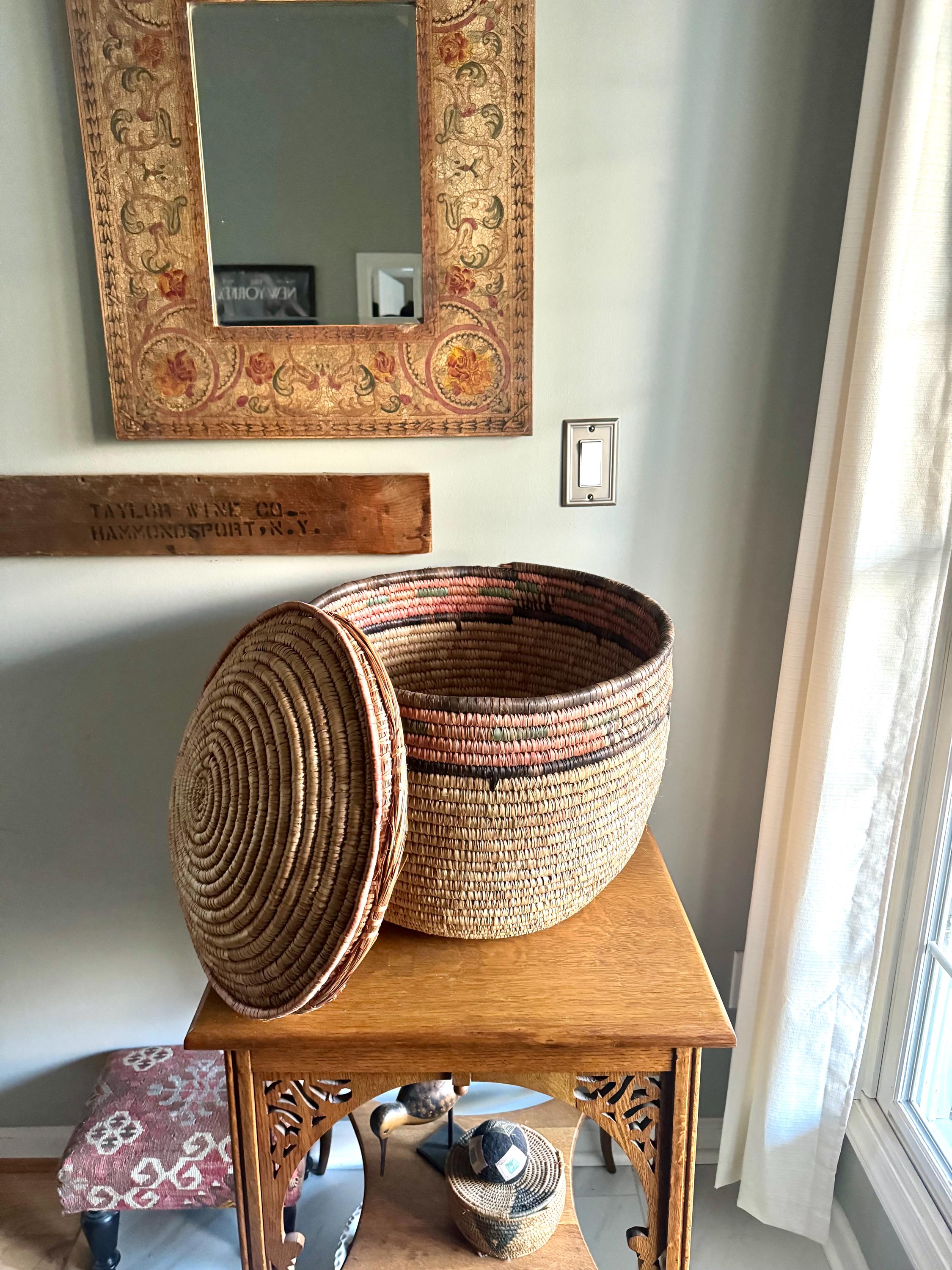 Large Round Coiled Amhara Basket with Lid | Large African Tribal Woven Basket | Boho Decor | Boho Storage | Coiled Basket| African Decor