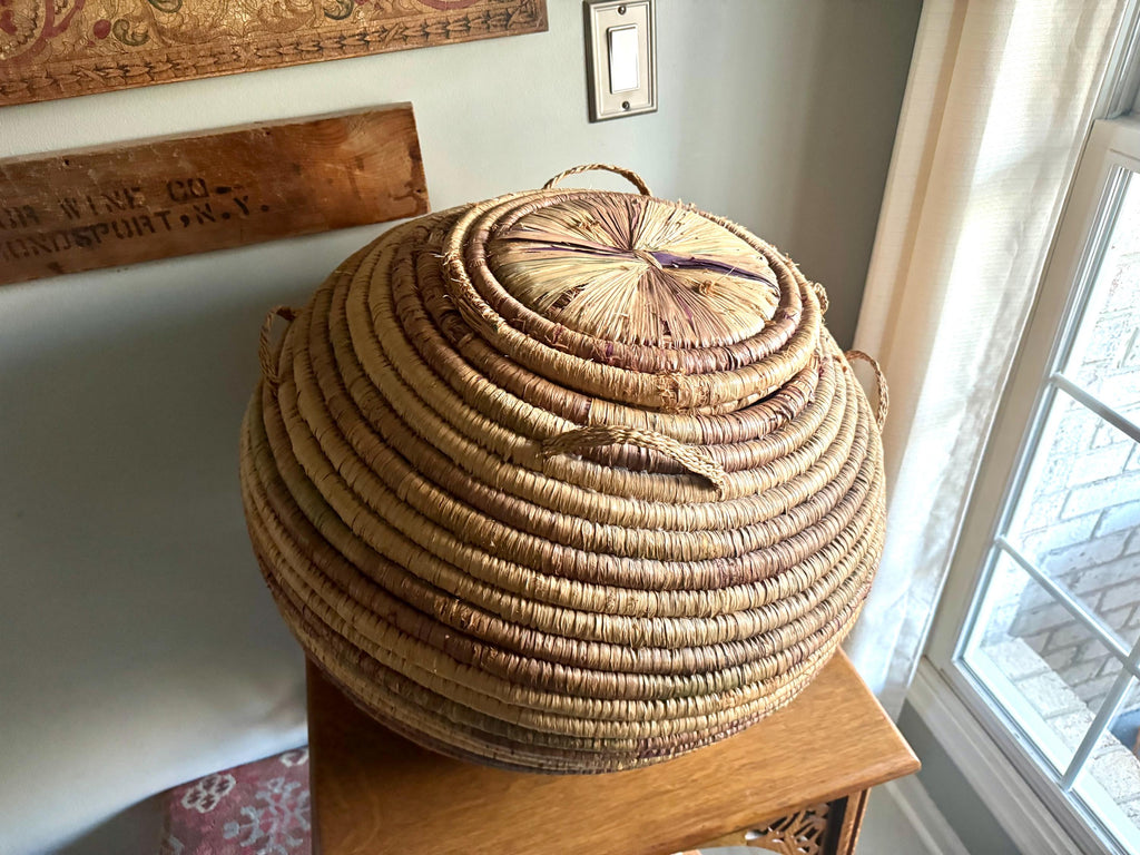 Large Round Coiled Amhara Basket with Lid | Distressed African Tribal Woven Basket | Boho Decor | Boho Storage| Coiled Basket| African Decor