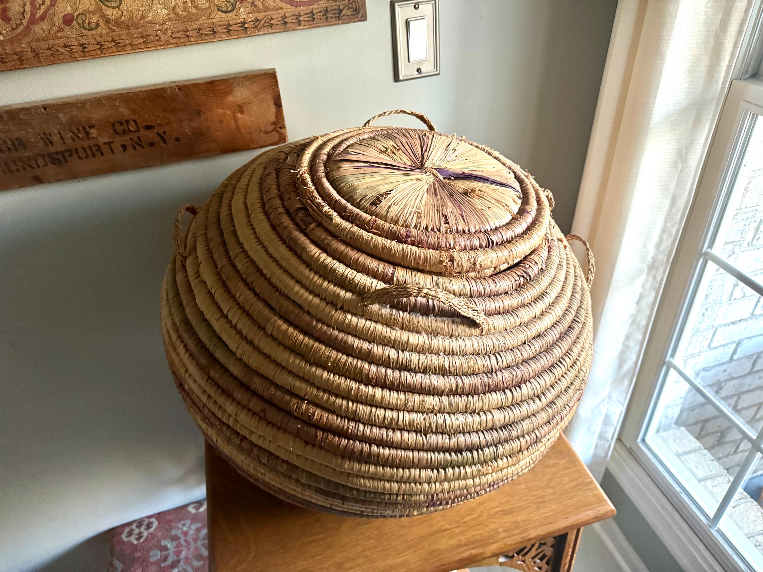 Large Round Coiled Amhara Basket with Lid | Distressed African Tribal Woven Basket | Boho Decor | Boho Storage| Coiled Basket| African Decor
