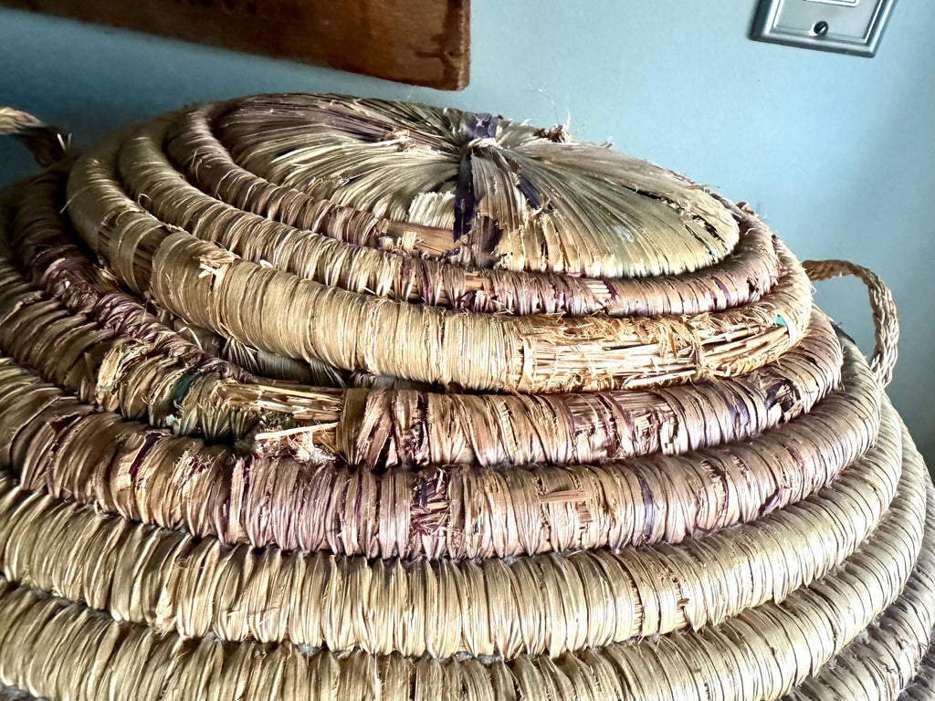 Large Round Coiled Amhara Basket with Lid | Distressed African Tribal Woven Basket | Boho Decor | Boho Storage| Coiled Basket| African Decor