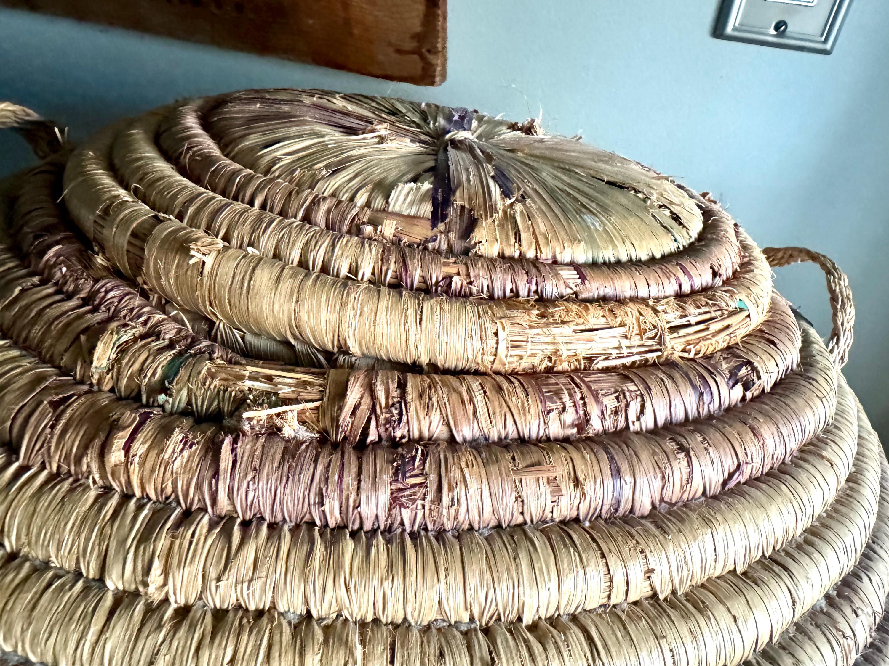 Large Round Coiled Amhara Basket with Lid | Distressed African Tribal Woven Basket | Boho Decor | Boho Storage| Coiled Basket| African Decor