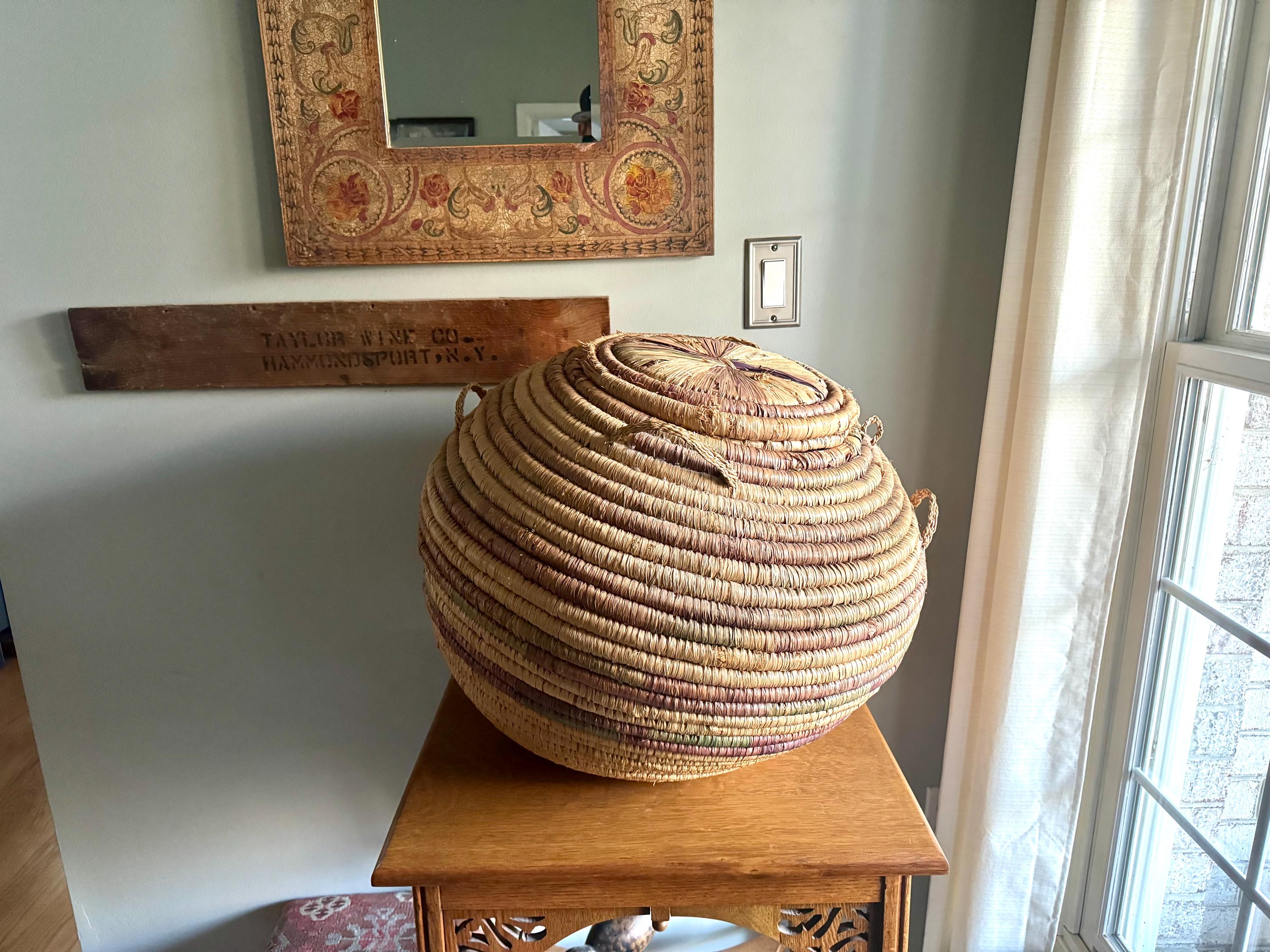 Large Round Coiled Amhara Basket with Lid | Distressed African Tribal Woven Basket | Boho Decor | Boho Storage| Coiled Basket| African Decor