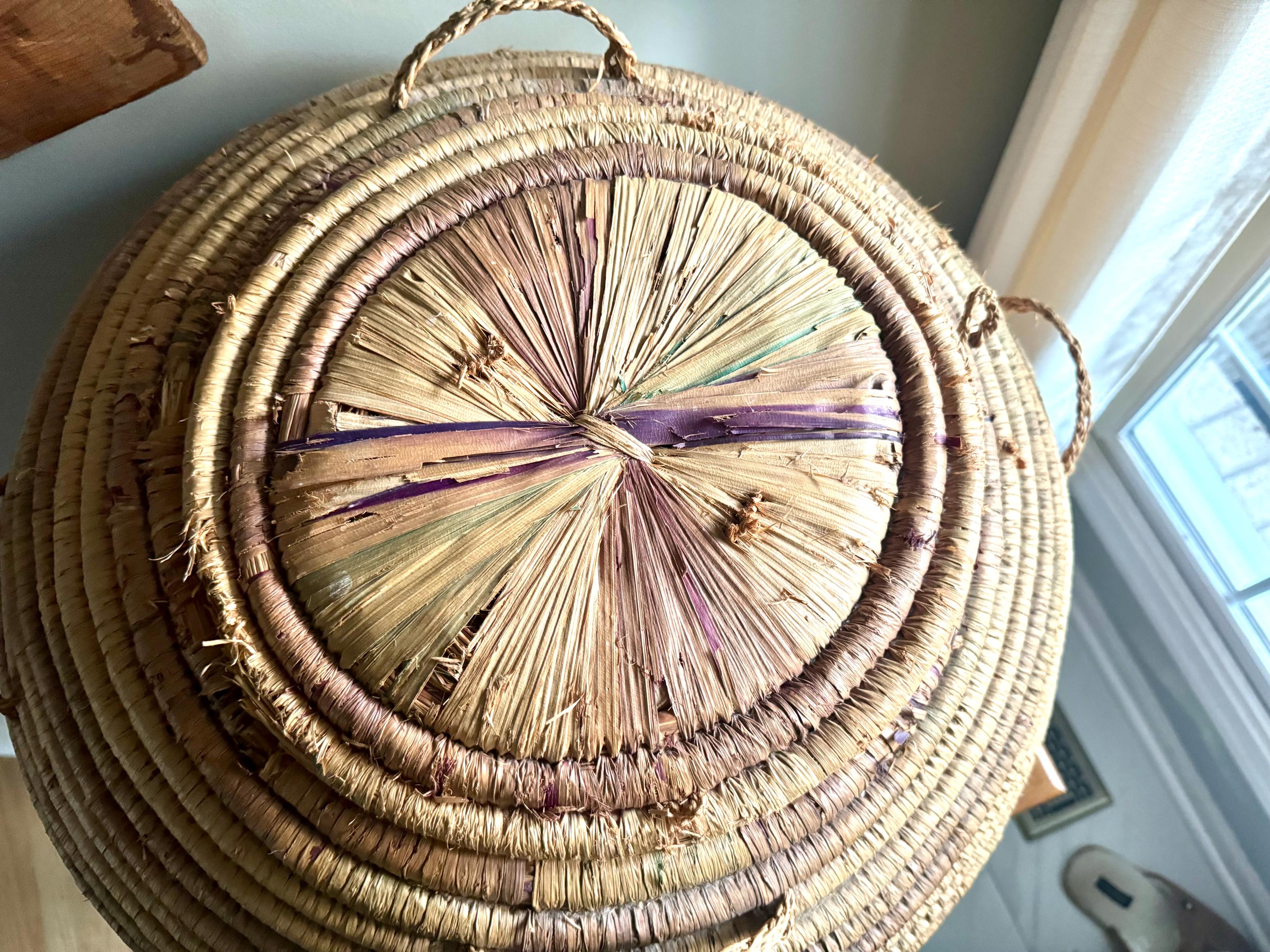 Large Round Coiled Amhara Basket with Lid | Distressed African Tribal Woven Basket | Boho Decor | Boho Storage| Coiled Basket| African Decor