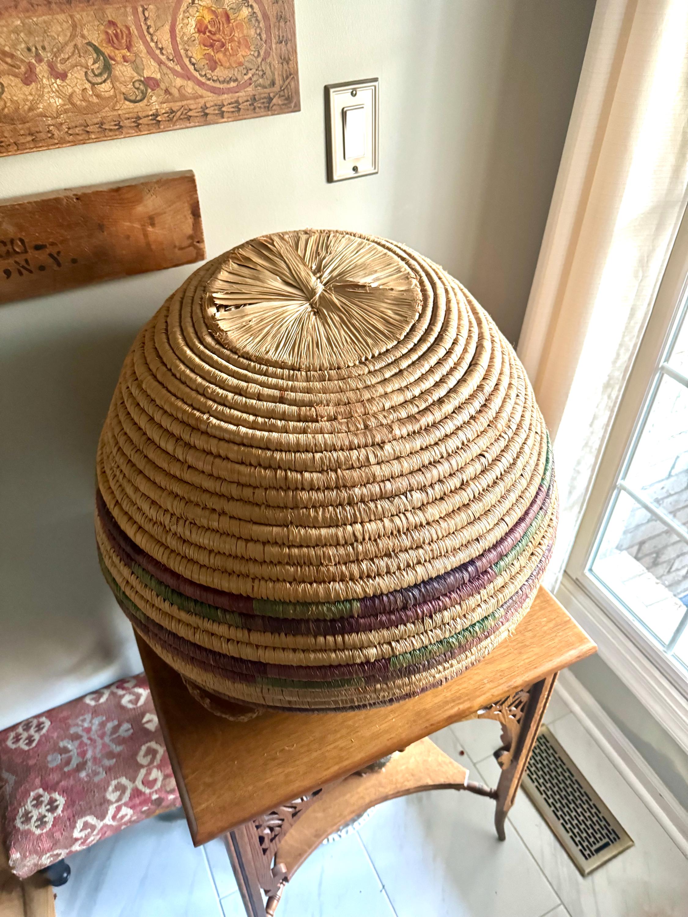 Large Round Coiled Amhara Basket with Lid | Distressed African Tribal Woven Basket | Boho Decor | Boho Storage| Coiled Basket| African Decor