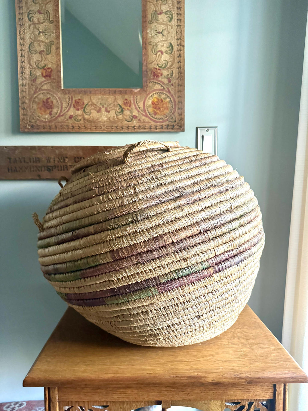 Large Round Coiled Amhara Basket with Lid | Distressed African Tribal Woven Basket | Boho Decor | Boho Storage| Coiled Basket| African Decor