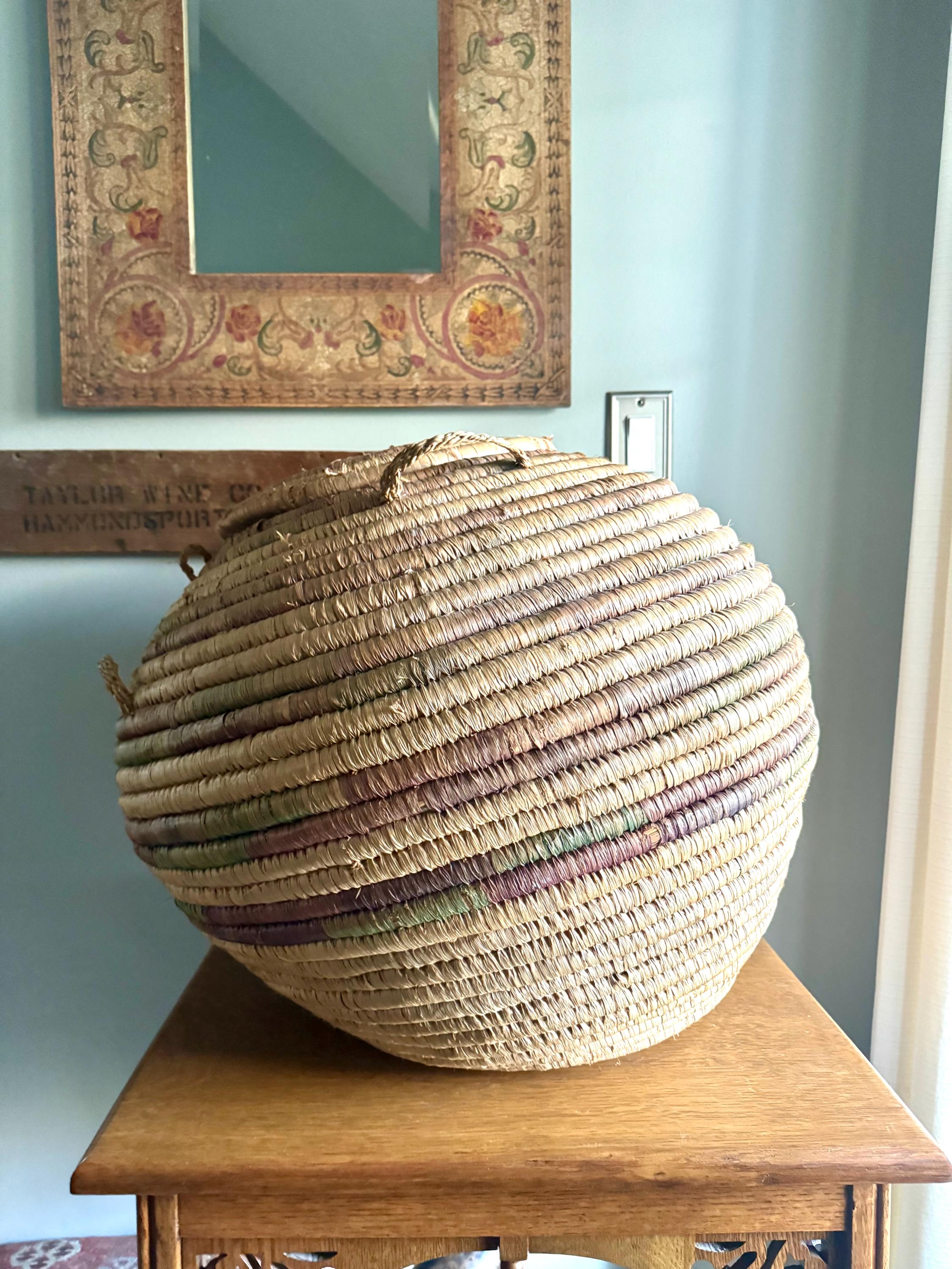 Large Round Coiled Amhara Basket with Lid | Distressed African Tribal Woven Basket | Boho Decor | Boho Storage| Coiled Basket| African Decor